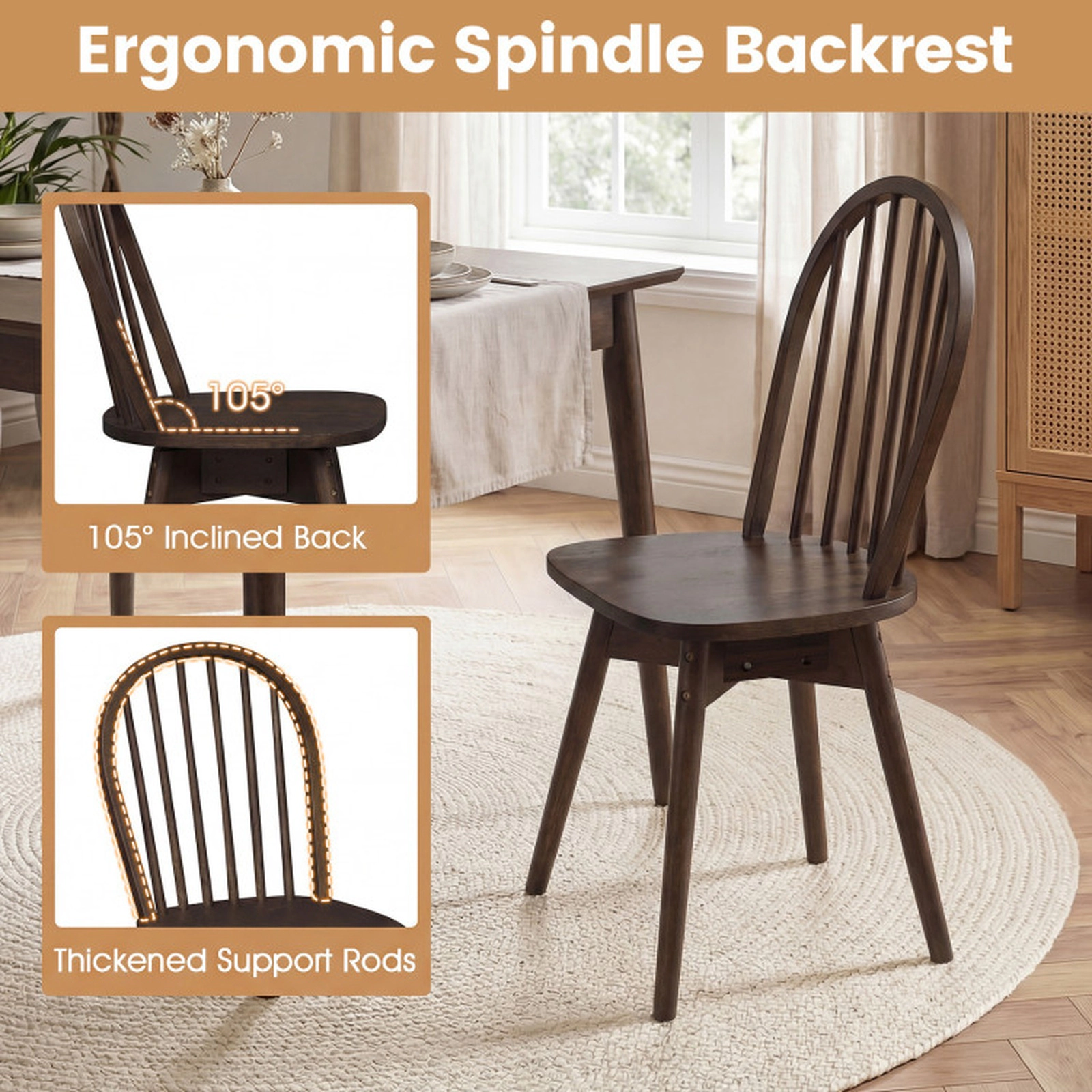 SUGIFT Set of 4 Walnut Swivel Windsor Dining Chairs, Solid Rubber Wood