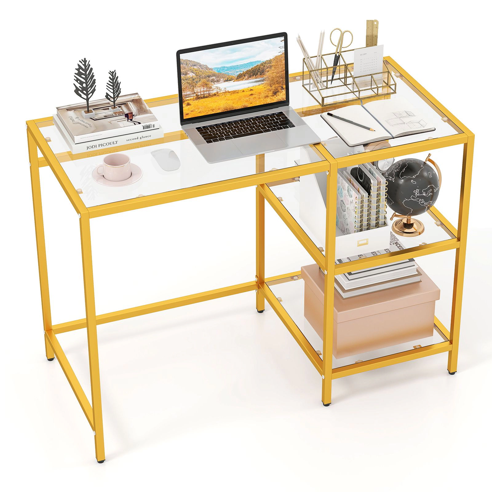 SlickBlue 42 Inch Glass Console Table with 2 Tier Storage Shelves
