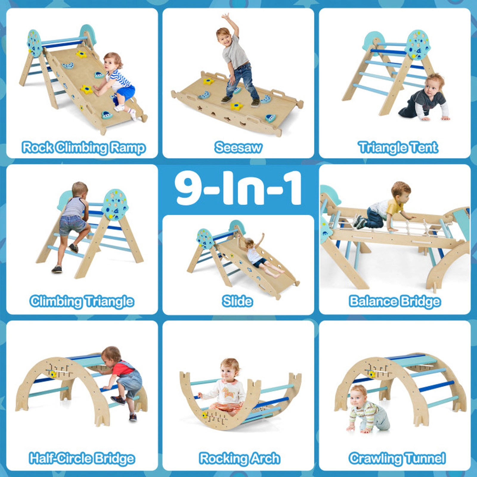 SUGIFT Balance Bridge Ramp and Toy Blocks 8-in-1 Foldable Baby Climbing Triangle Set