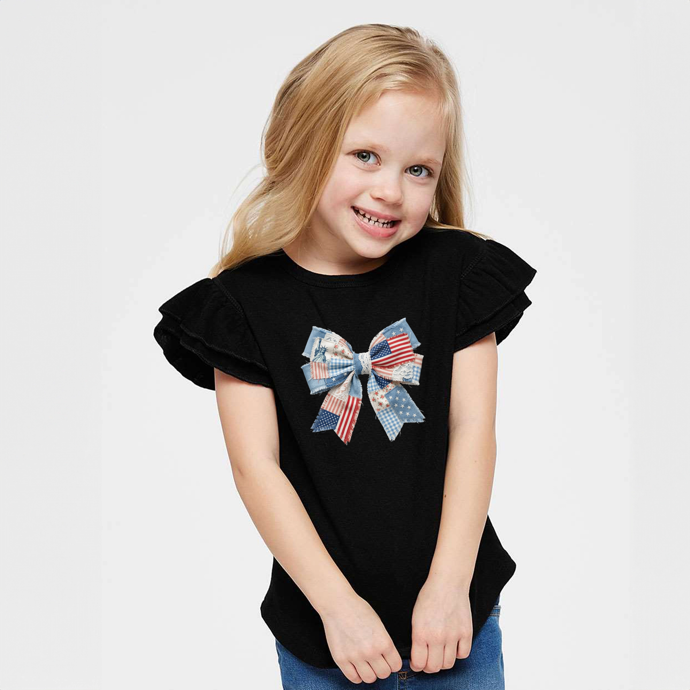 The Juniper Shop - Patriotic Bow Faux Denim Patchwork Flutter Sleeve Graphic T-Shirt