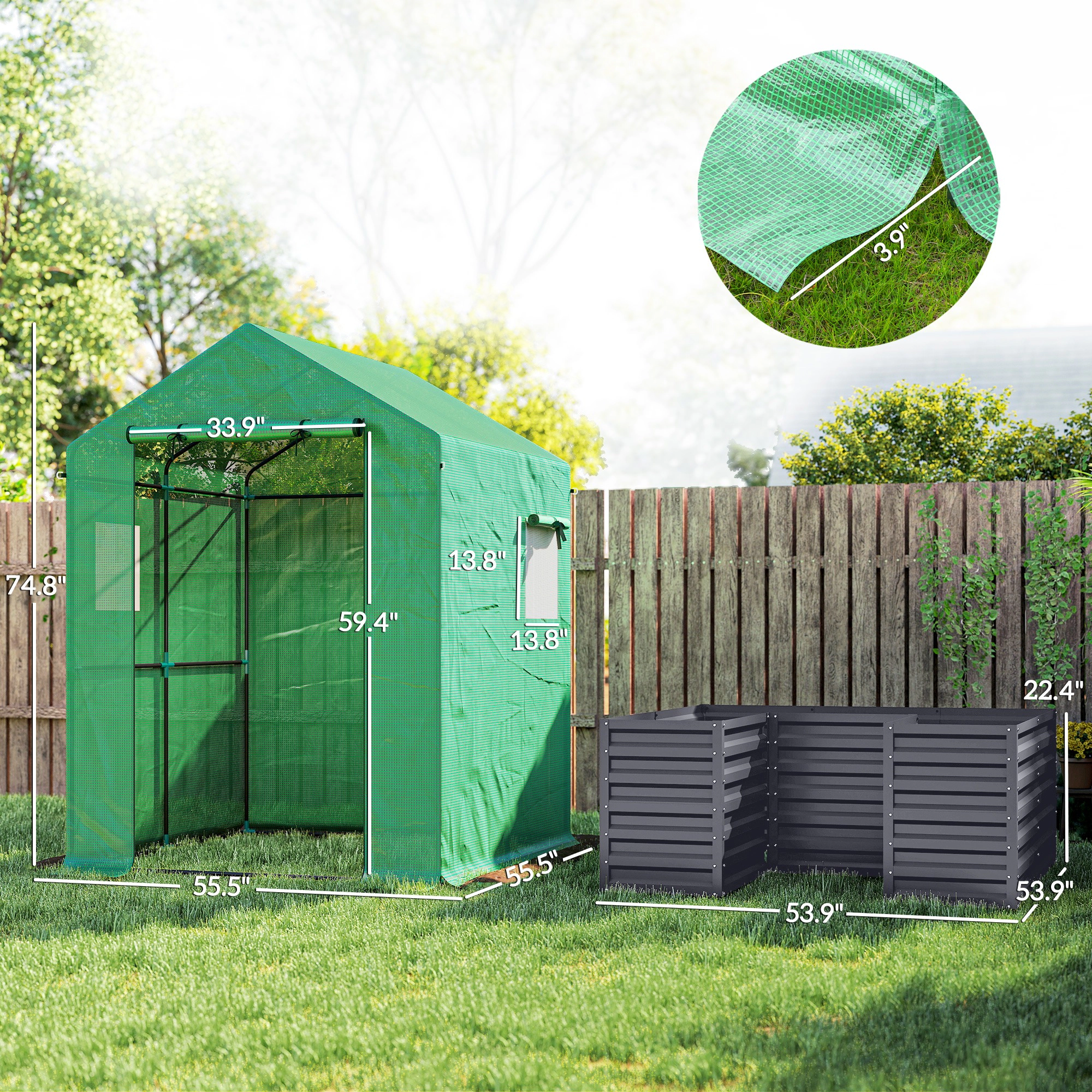 HONGGE Greenhouse with Raised Garden Bed Galvanized Steel Outdoor Roll Up Door 56" x 75"