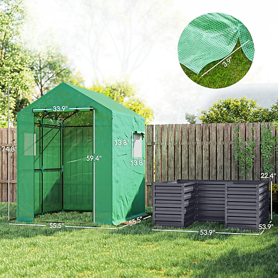 HONGGE Greenhouse with Raised Garden Bed Galvanized Steel Outdoor Greenhouse with Roll Up Door 56" x 56" x 75"