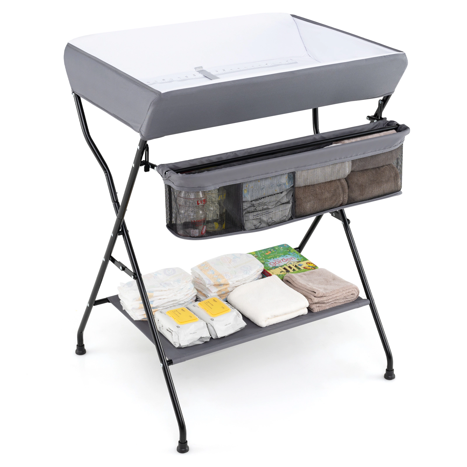 SUGIFT Folding Steel Baby Diaper Changing Table Storage 24-lb Capacity Ages 0-12 Months 31.5-in Long Black/Gray 1-Pc