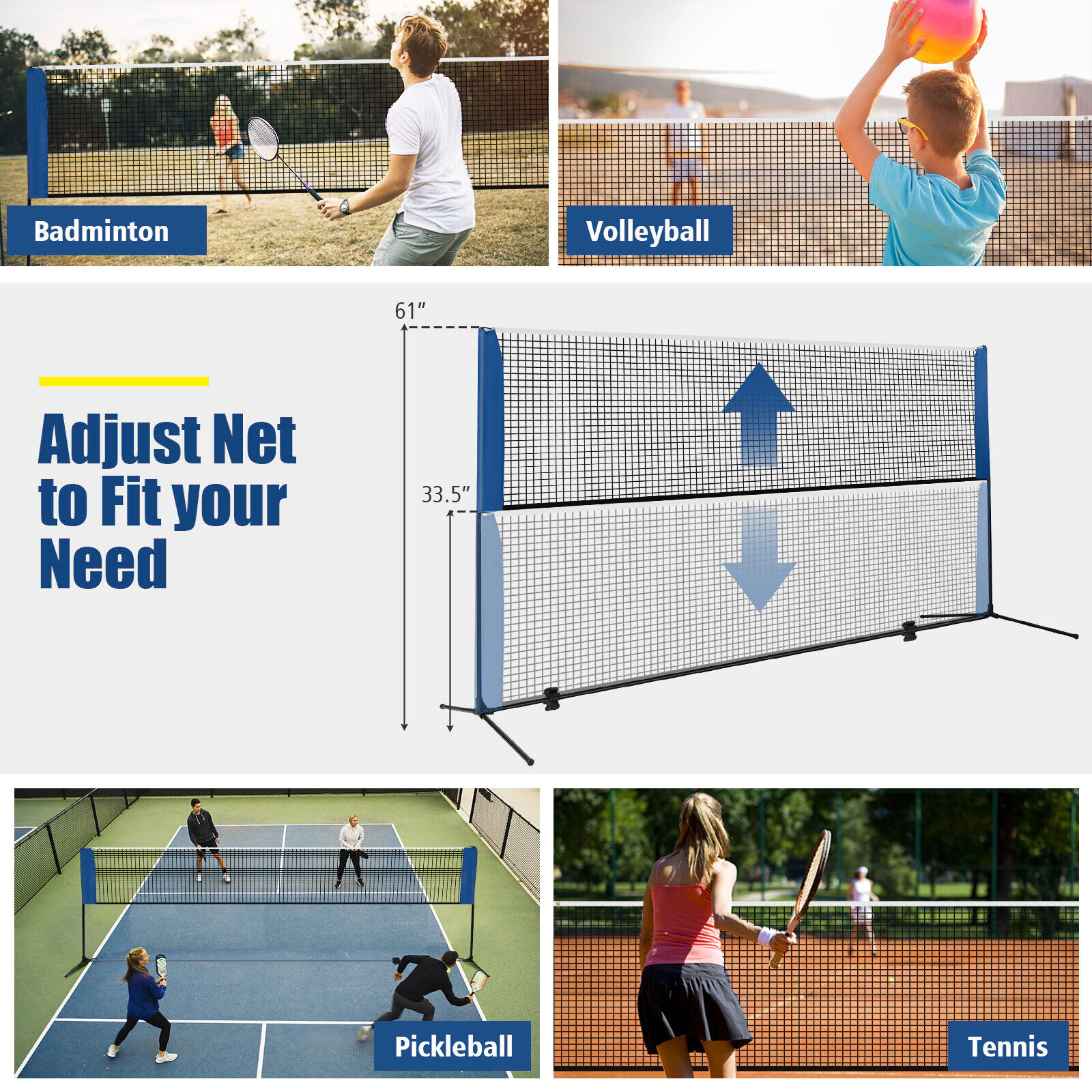 SUGIFT Adjustable 10/14-ft Badminton Net Stand with Nonslip Footpads and Portable Carry Bag Blue Black