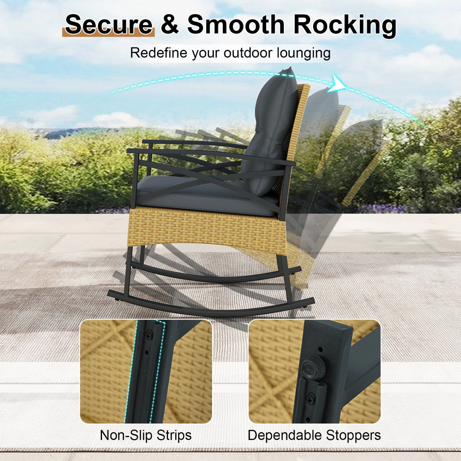 SUGIFT Outdoor Rocking Chair Conversation Set with 2-Tier Side Table 400-Lb Chair Capacity Gray Cushions