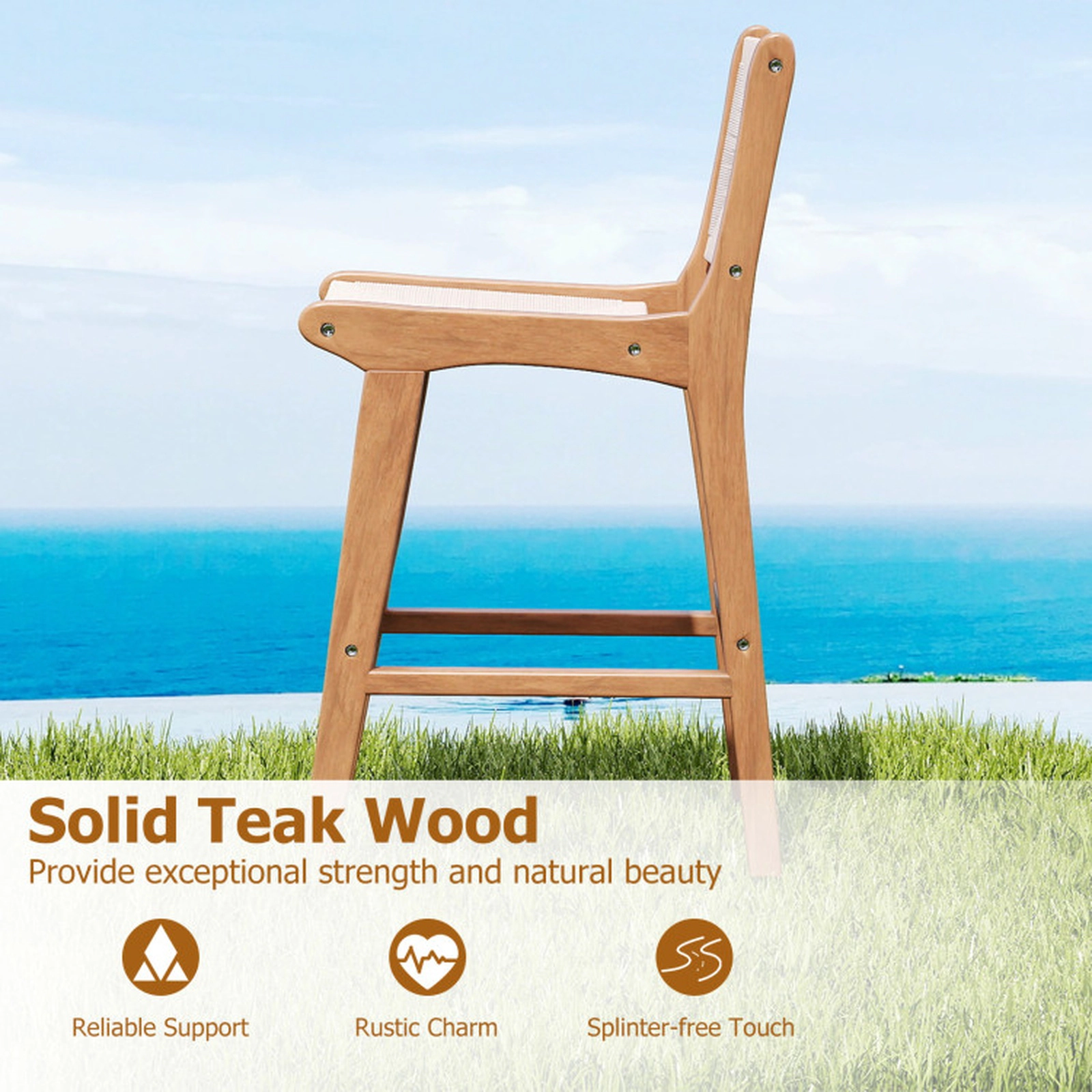 SUGIFT Natural Woven Paper Rope and Teak Frame Set of 2 Outdoor Counter Height Bar Stools