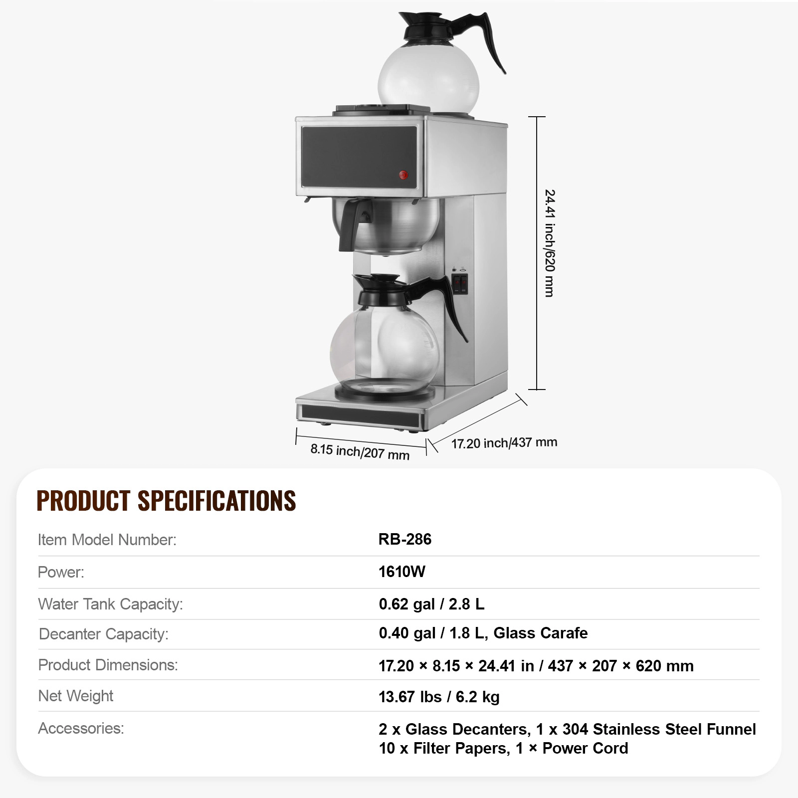 HONGGE Commercial Drip Coffee Maker, 12 Cups Coffee-Maker Machine with Glass Carafes and Decanter Warmer Plates