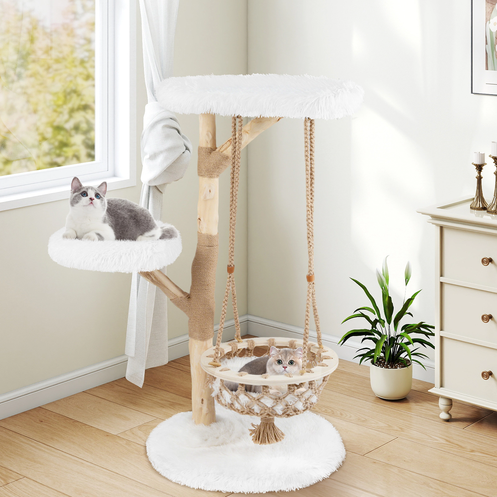 SUGIFT 48.5-in Solid Wood Cat Tree with Hanging Cradle Bed 23.5-in Top Perch Jute Post and 44-lb Layers