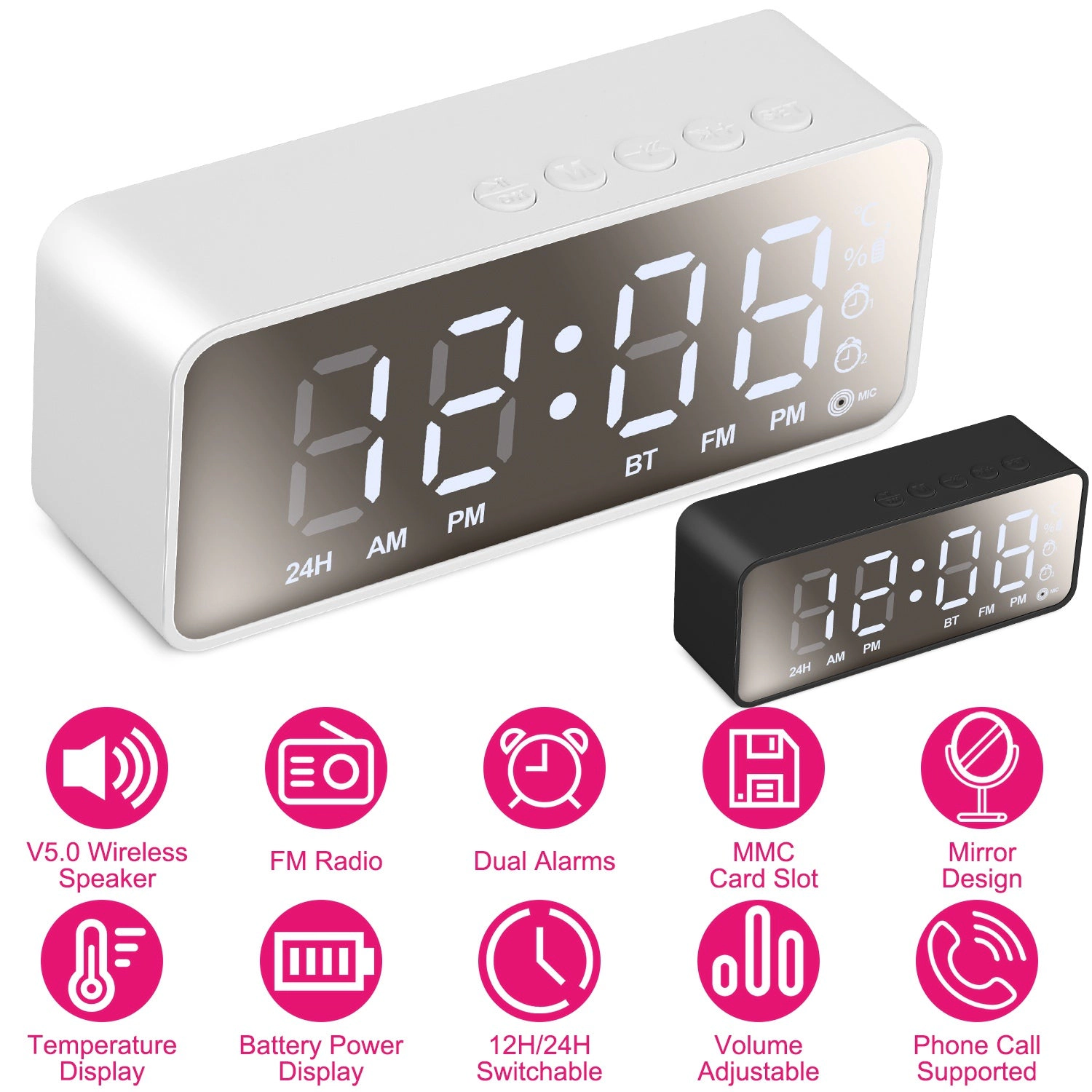 GBruno Mirror Digital Alarm Clock With FM Radio Speaker