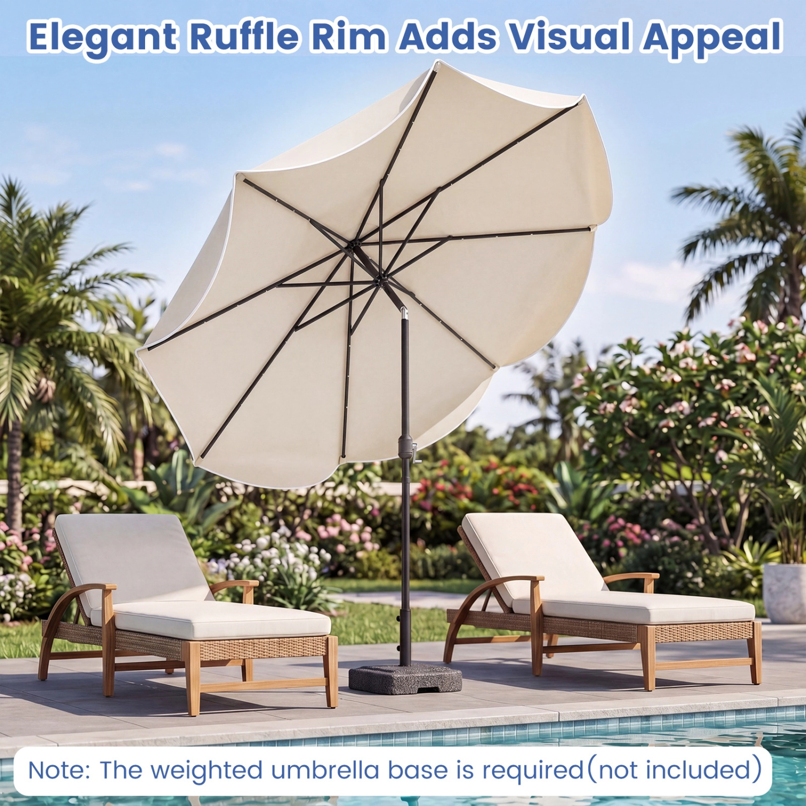 SUGIFT 10-ft Beige Solar Patio Umbrella with 24 LED Lights, Push-Button Tilt and Scalloped Canopy