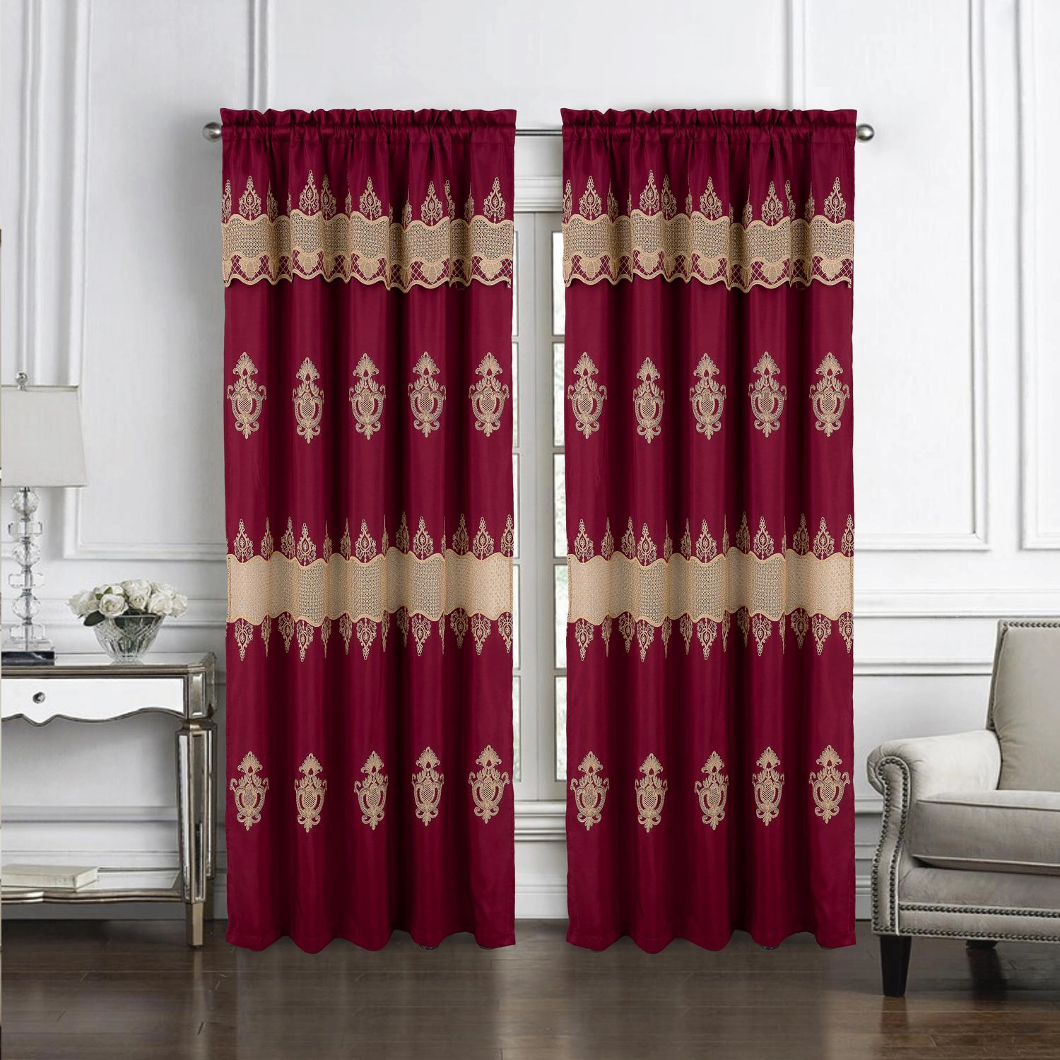 RT Designers Collection Debbie Macrame Construction 3" Rod Pocket Curtain Panel 54" x 90" Burg/Gold