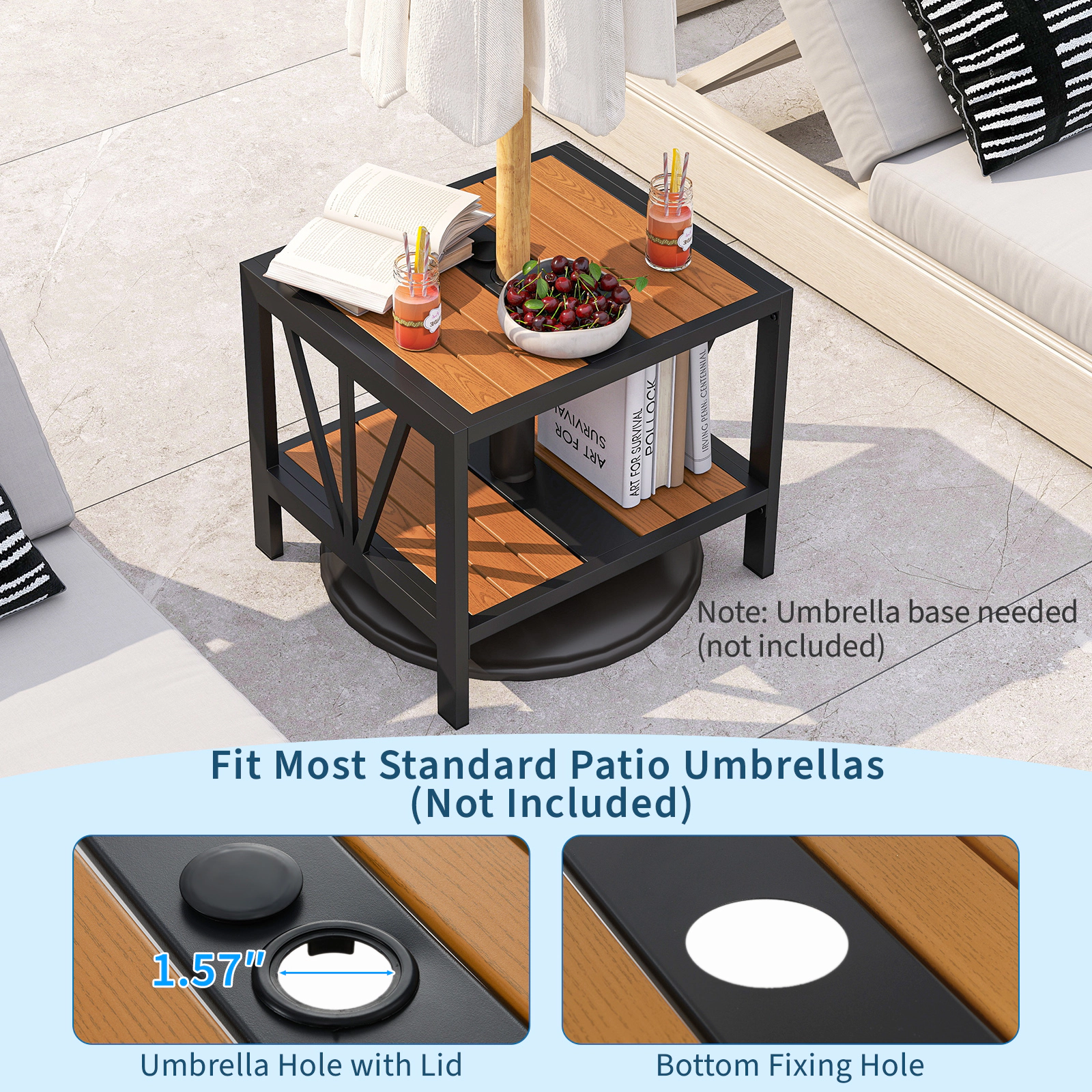 SUGIFT Outdoor Metal Side Table with Storage Shelf and Umbrella Hole 110-lb Tabletop Capacity Black and Natural