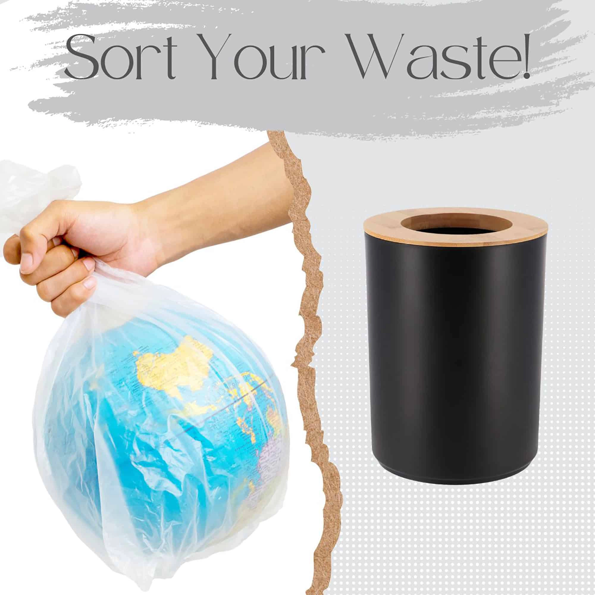 Evideco French Home Goods 5L Matte Polystyrene Trash Can with Bamboo Lid - Compact Bathroom Bin