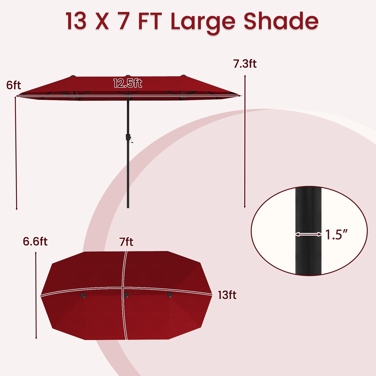 SUGIFT 13-ft Red Rectangular Double-Sided Market Patio Umbrella with Hand Crank and 12 Ribs for Yard