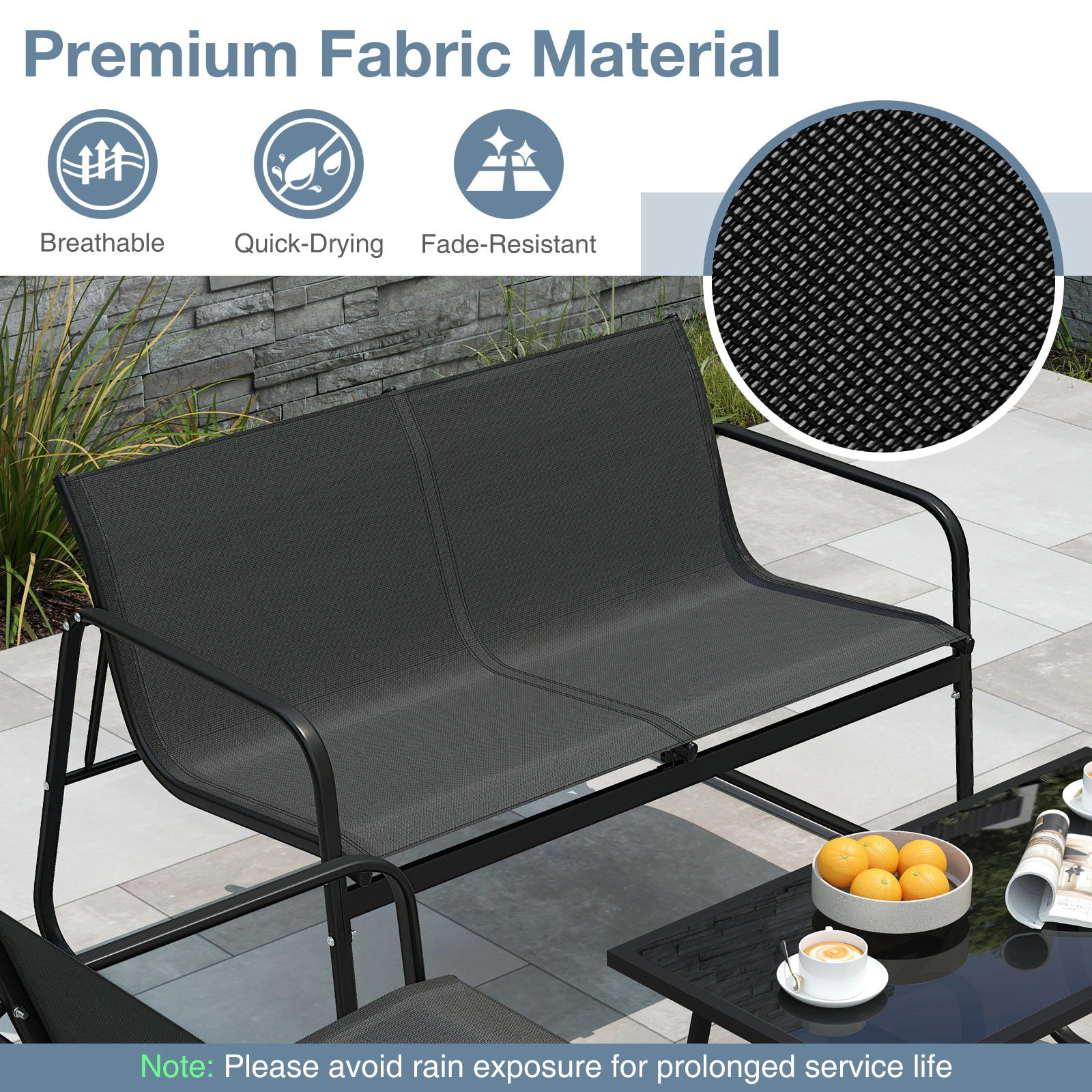 SUGIFT Fabric Lawn Chairs Loveseat and Glass Table 4-Piece Black Patio Furniture Set