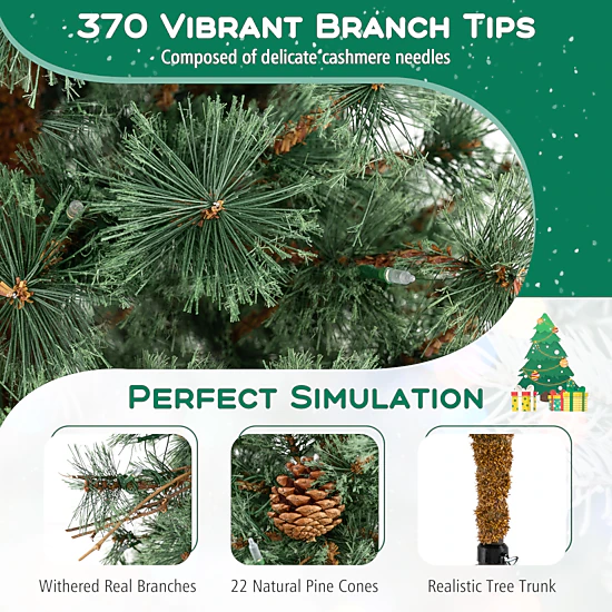 SUGIFT 6-ft Green Pre-Lit Artificial Christmas Tree with 22 Pine Cones 370 Tips and 200 Warm White LEDs