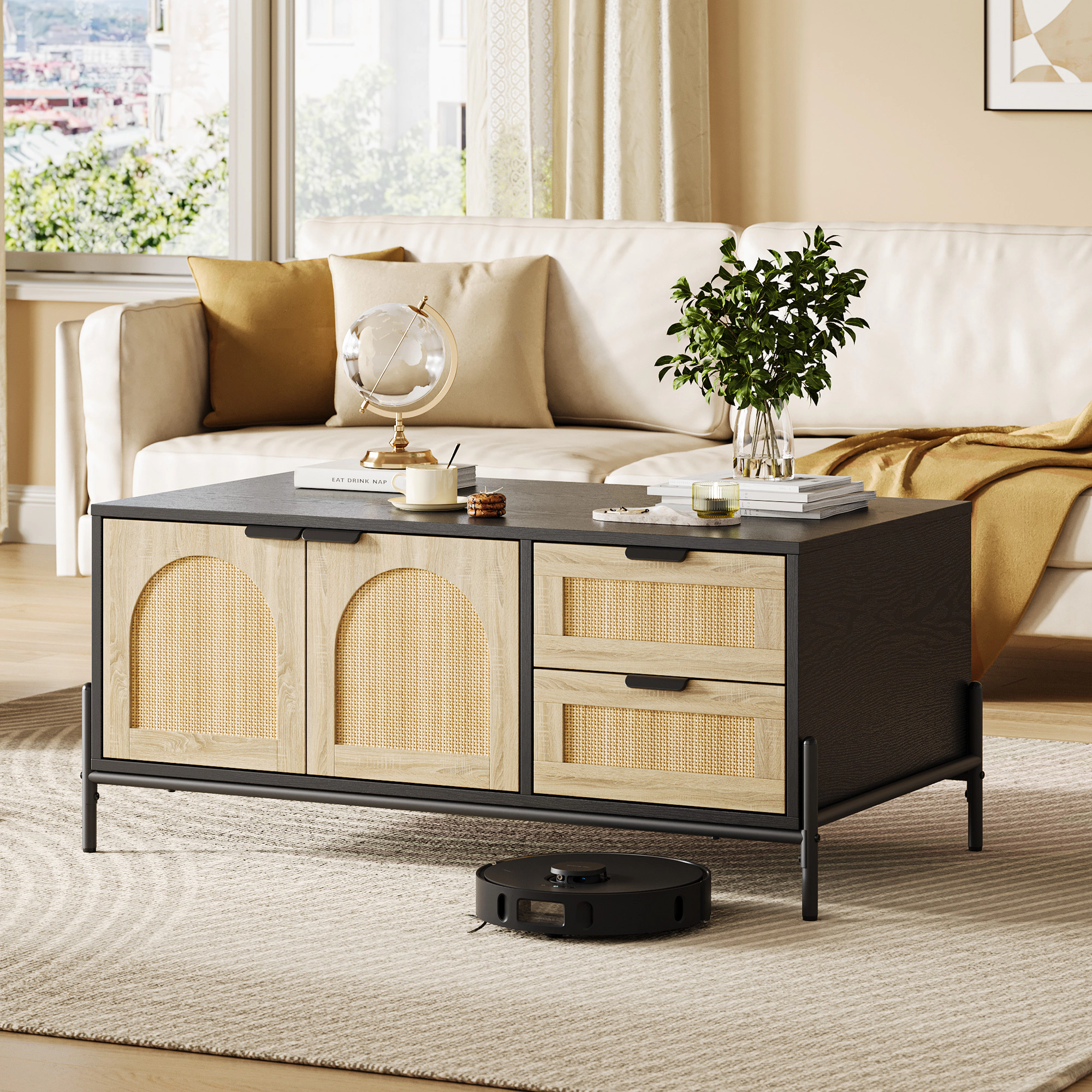 BebreezChic Rattan Coffee Table with LED Lights, Rectangular Center Table for Living Room - 2 Storage Drawers