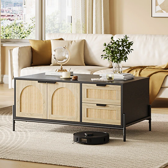 BebreezChic Rattan Coffee Table with LED Lights, Rectangular Center ...