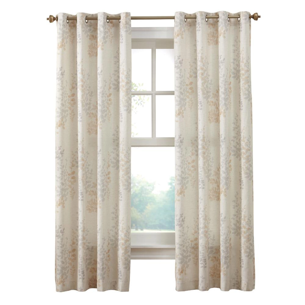 Habitat Lana Light Filtering Grommet Curtain Panel Two Tone Leaf Branches Bouquet Faux Linen Fabric 50" x 63" Ivory