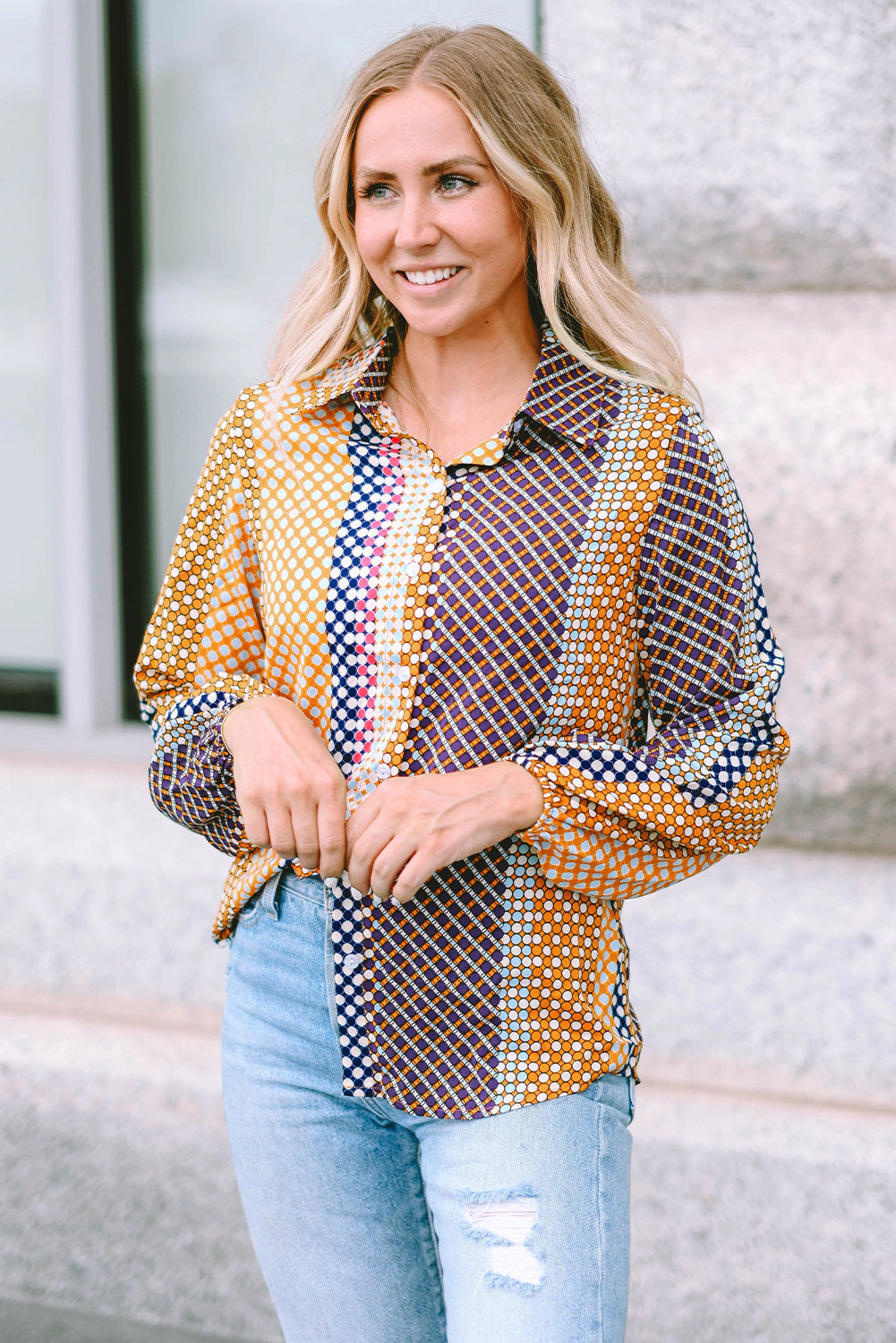 Threaded Pear Women's Brown Dot Print Long Sleeve Button Down Shift PLUS Shirt