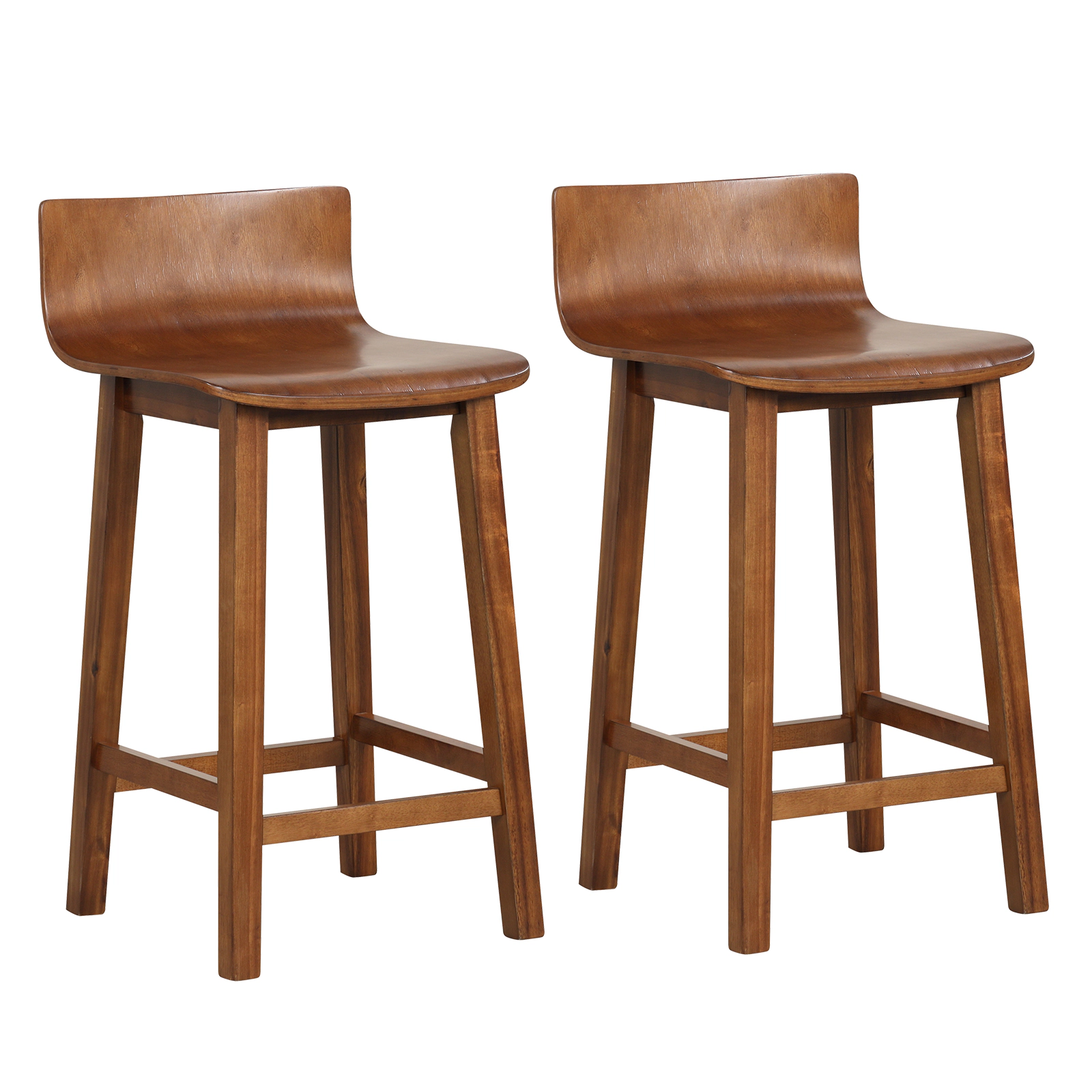 SUGIFT Brown Solid Back and Seat Mid-Century Design Set of 2 Wood Bar Stool