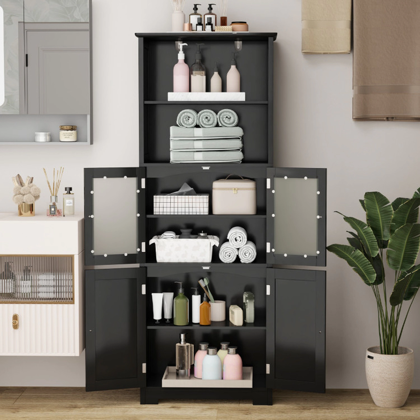 SUGIFT 6-Tier Bathroom Cabinet with Open Compartments and Adjustable Shelves 44-lb Panels 33-lb Shelves White/Gray