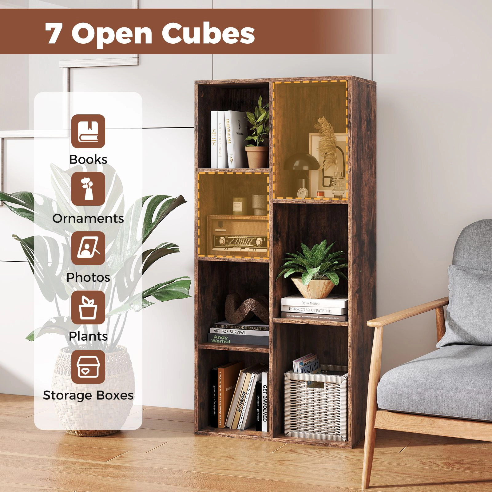 SlickBlue 7 Cube Bookcase Freestanding Bookshelf Vertical Horizontal Storage Shelf