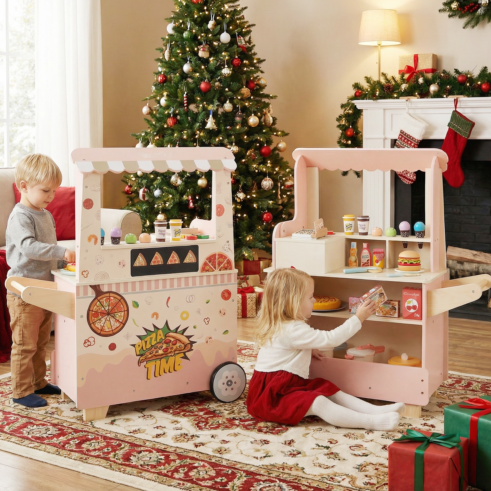 LJG Kids Pizza Food Truck Wooden Pretend Play Snack Cart with Oven