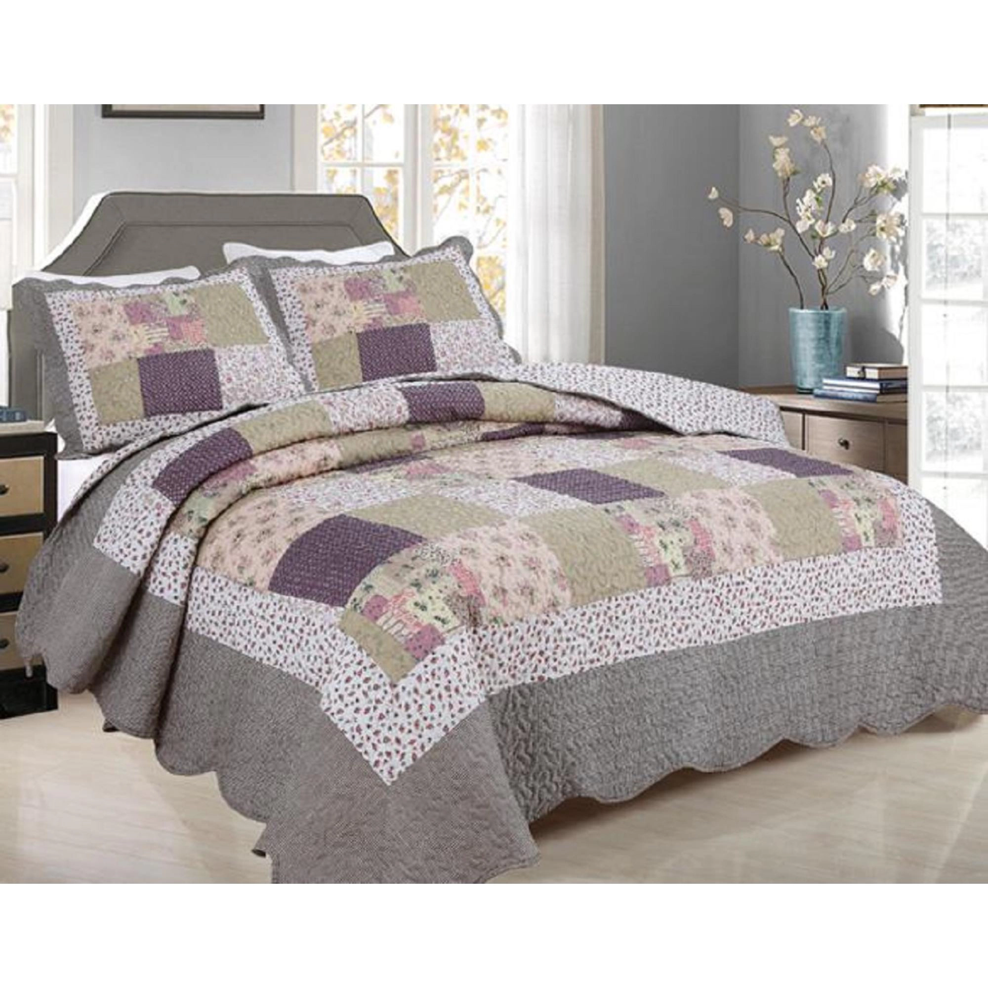 J&V TEXTILES 100% Microfiber Gray Reversible Quilt Set