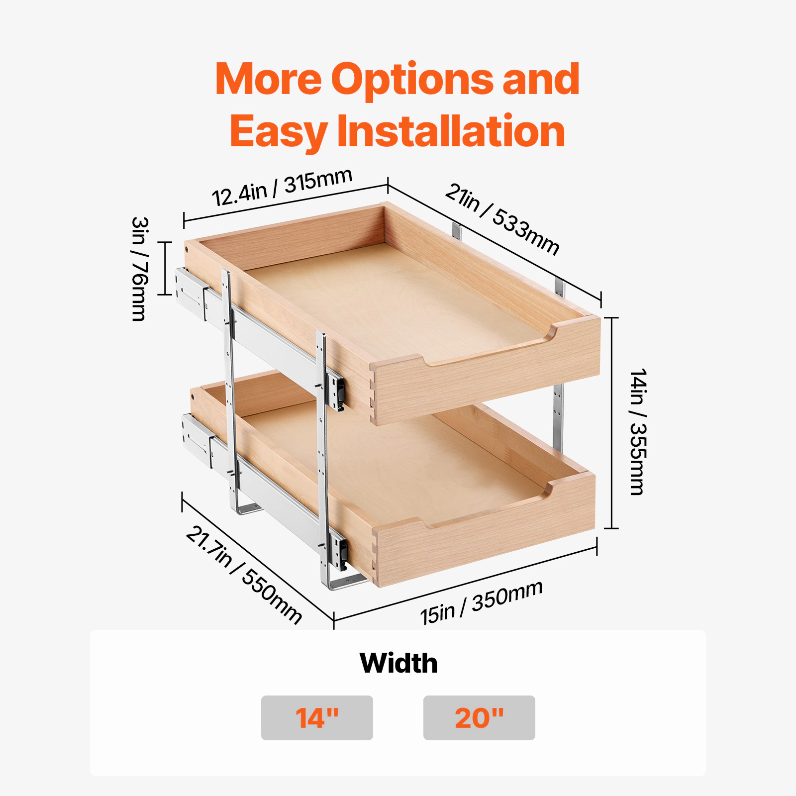 HONGGE 2 Tier Pull Out Cabinet Organizer Cabinet Drawer Soft Close Slide out Shelf Heavy-Duty Sliding Wood Drawer