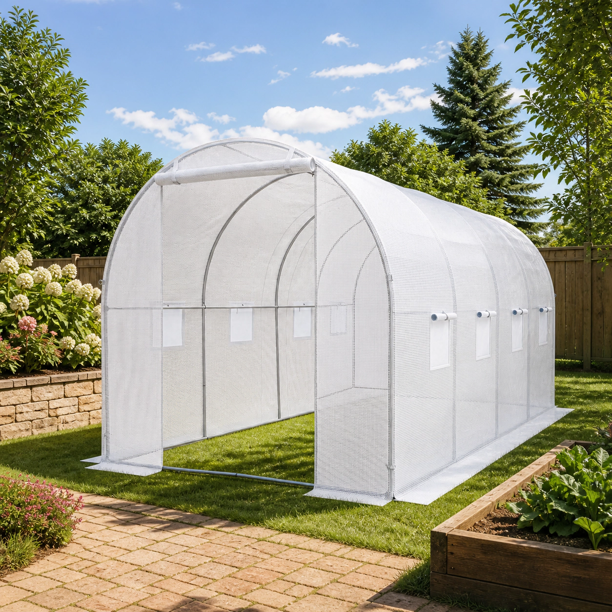 SUGIFT White 15-ft x 7-ft Walk-in Tunnel Greenhouse with Galvanized Steel PE Cover and 8 Mesh Windows