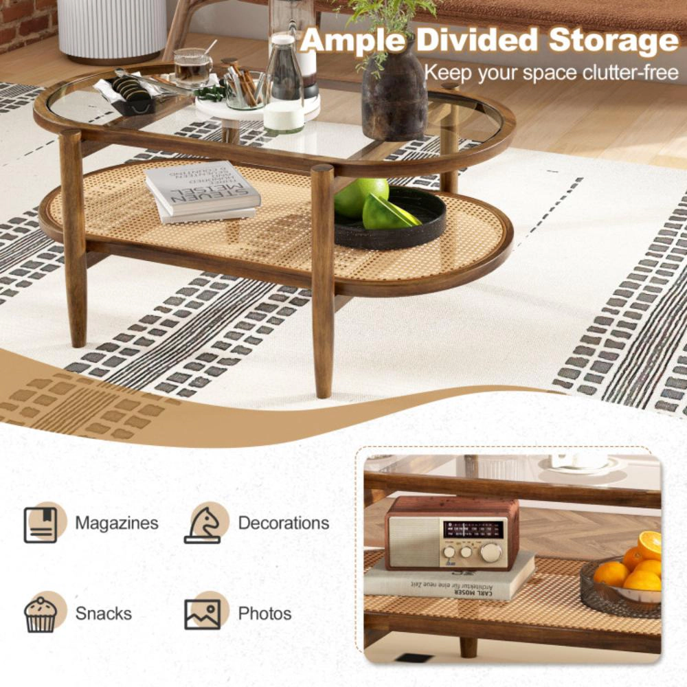 Hivvago Acacia Wood Coffee Table with Clear Glass Top and Lower Storage Shelf