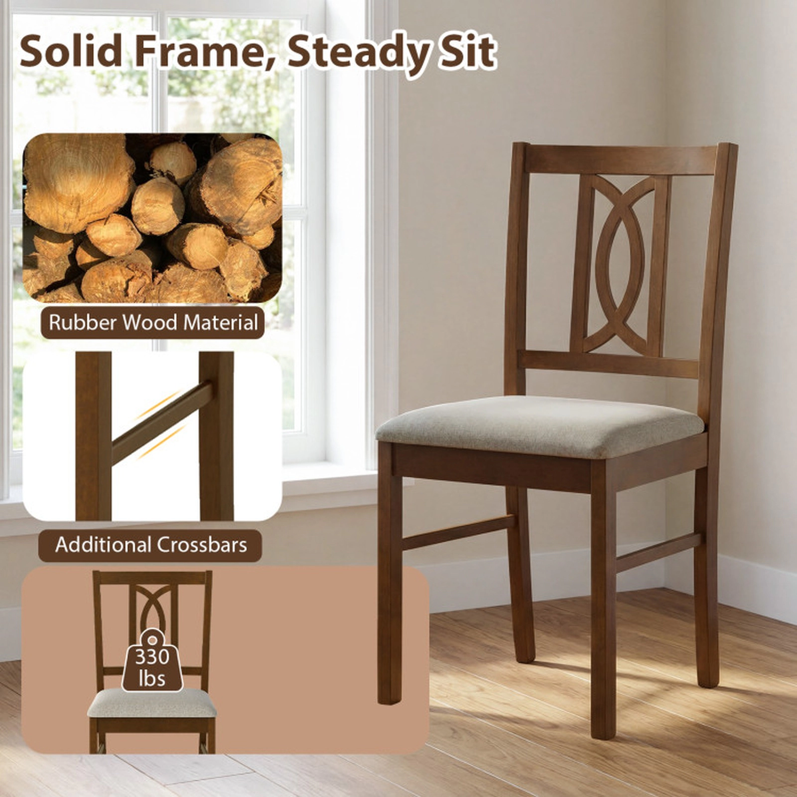 SUGIFT Set of 2 Walnut Rubber Wood Dining Chairs with Padded Faux Linen Seats