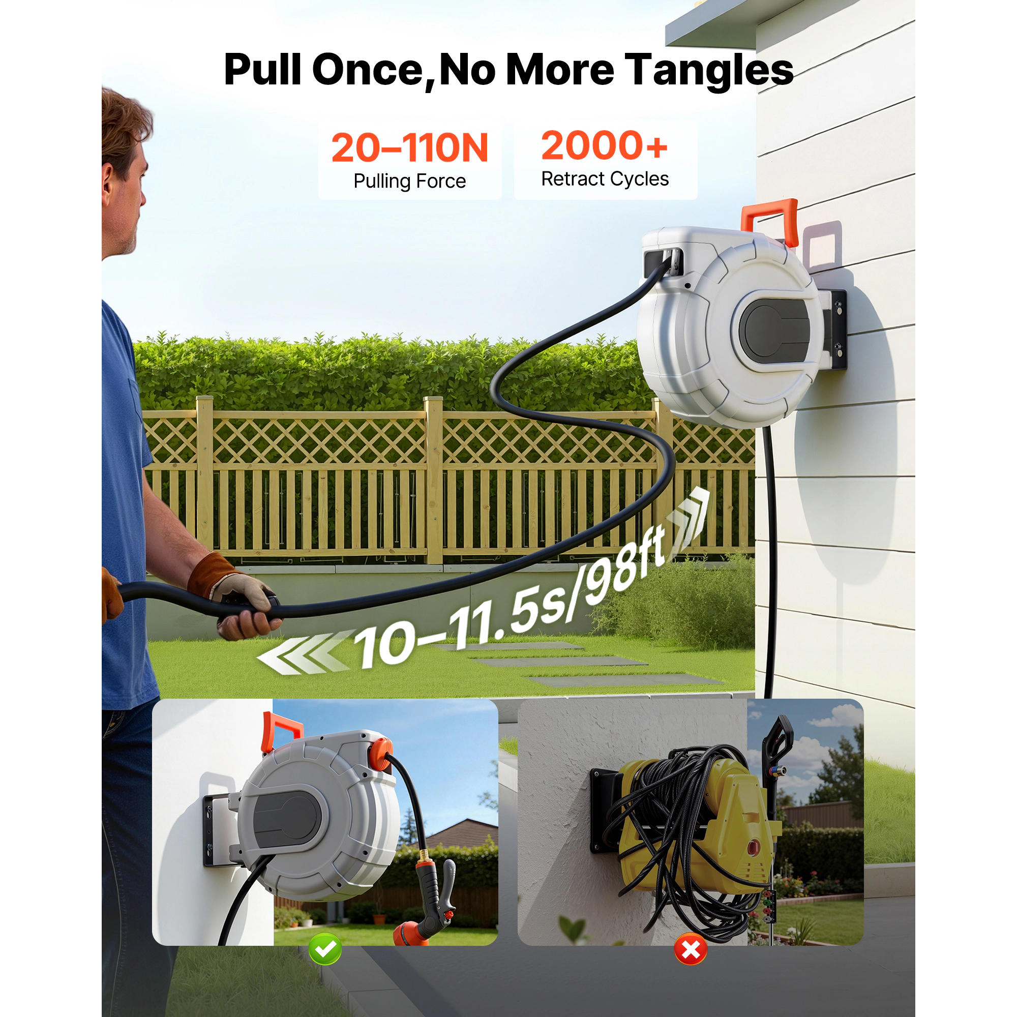 HONGGE Retractable Garden Hose Reel, 50 ft x 1/2 in, Wall Mounted with 9-Pattern Nozzle and Slow Auto Rewind