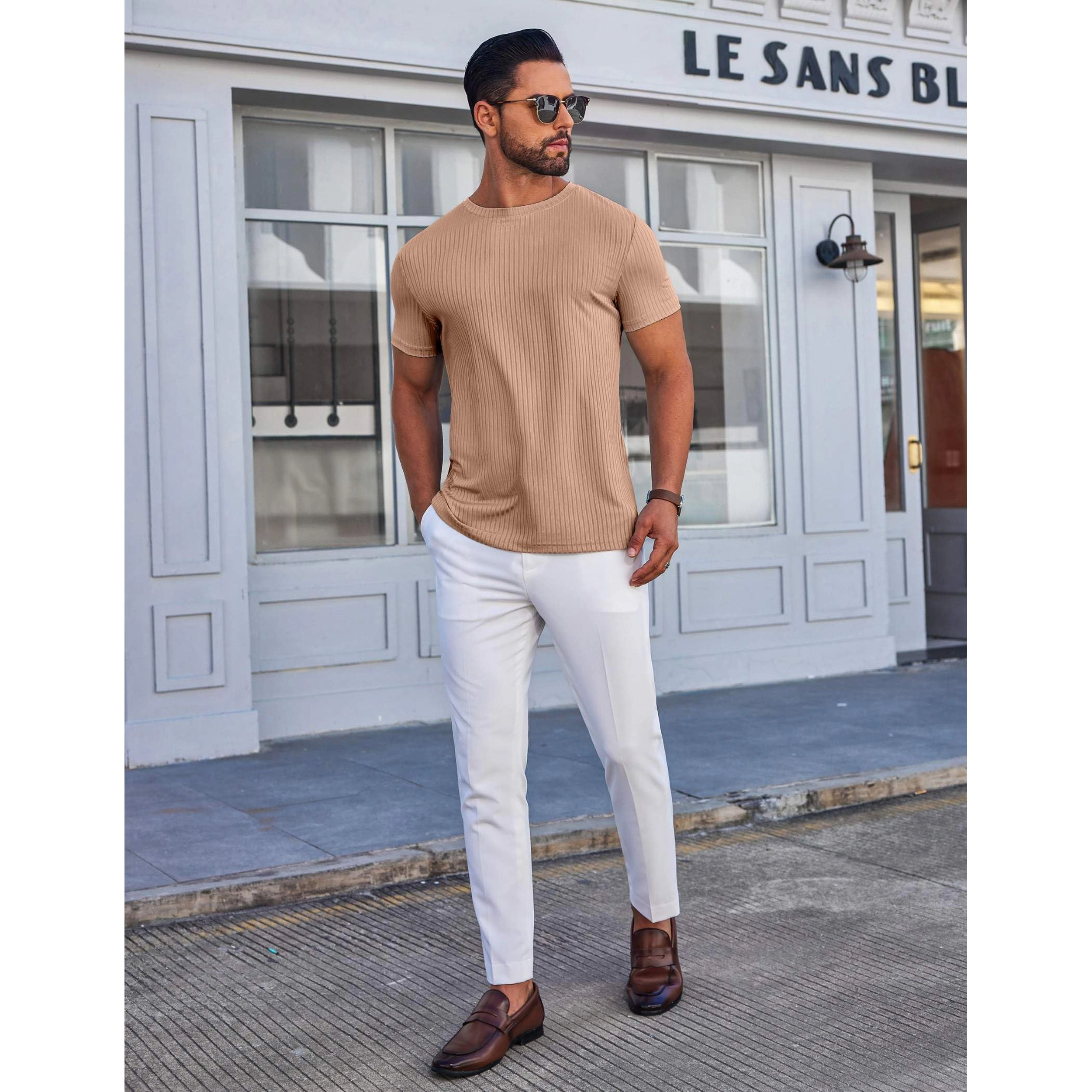 COOFANDY Mens Ribbed Short Sleeve T-Shirt Crew Neck Slim Fit Curved Hem Casual Tee