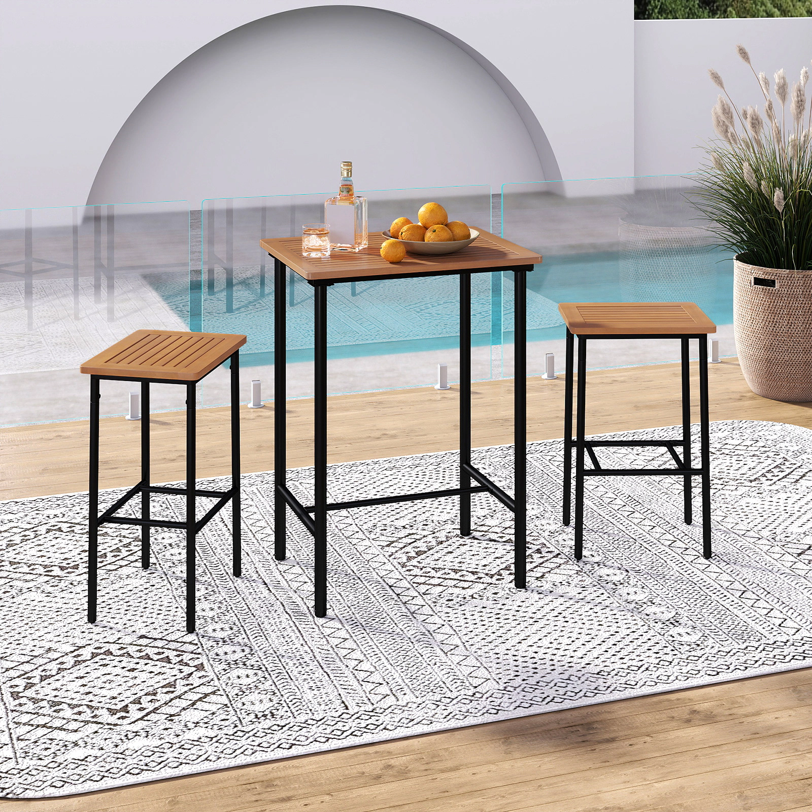 SUGIFT 3 Piece Acacia Wood Patio Bar Set Natural with Rectangular Table and 2 Stools