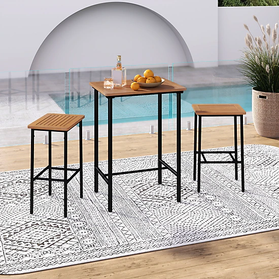 SUGIFT 3 Piece Acacia Wood Patio Bar Set Natural with Rectangular Table ...