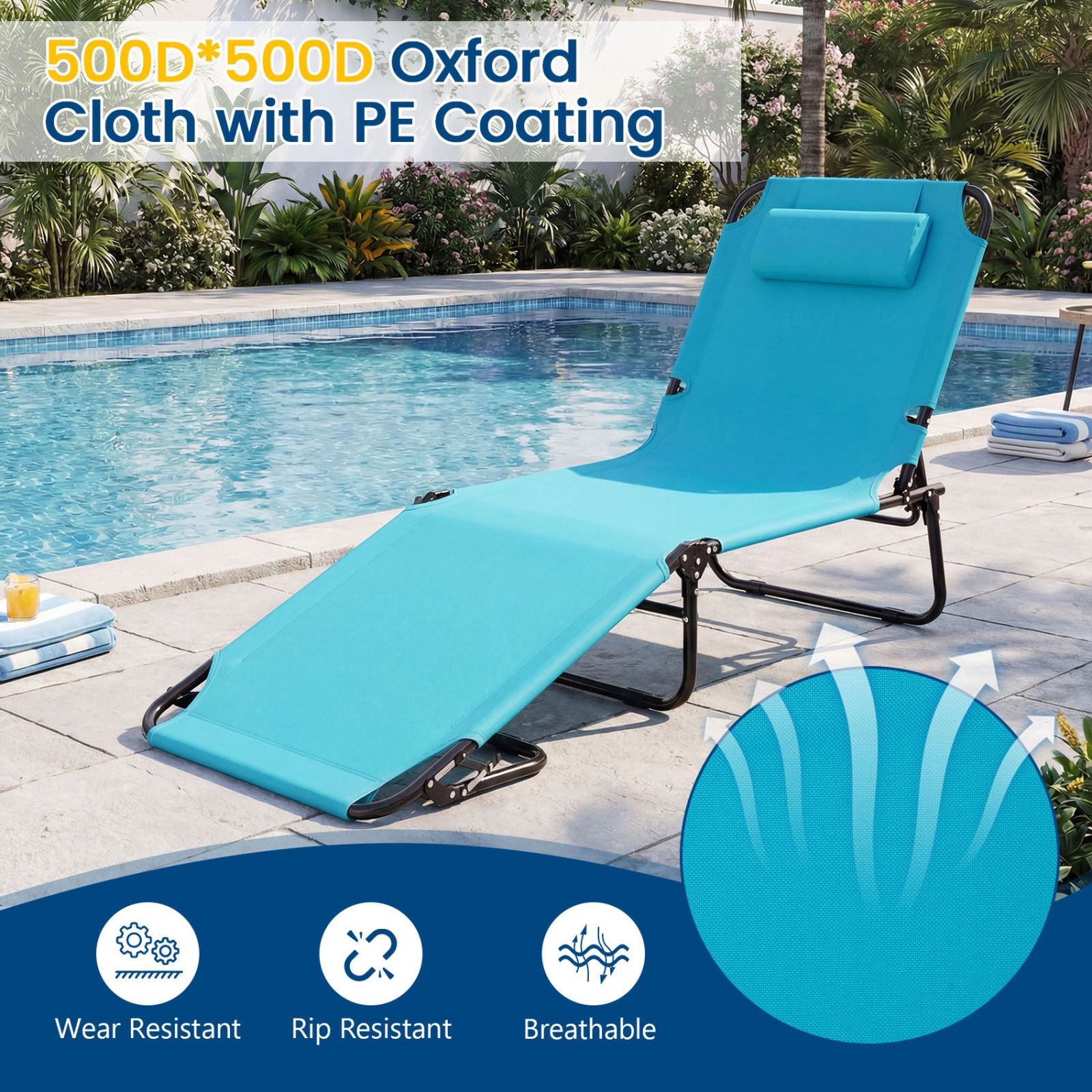 SUGIFT Adjustable Folding Face Down Tanning Chair with Face Hole and 3 Removable Pillows 330-lb Capacity Turquoise