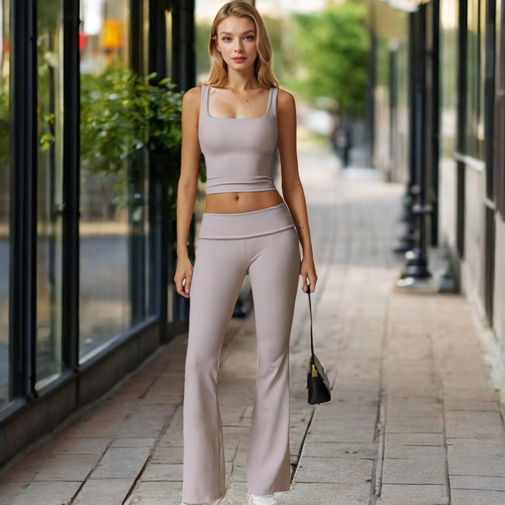 Anna-Kaci Active Women's Foldover Waist Flare Leg Yoga Pants Ribbed Knit