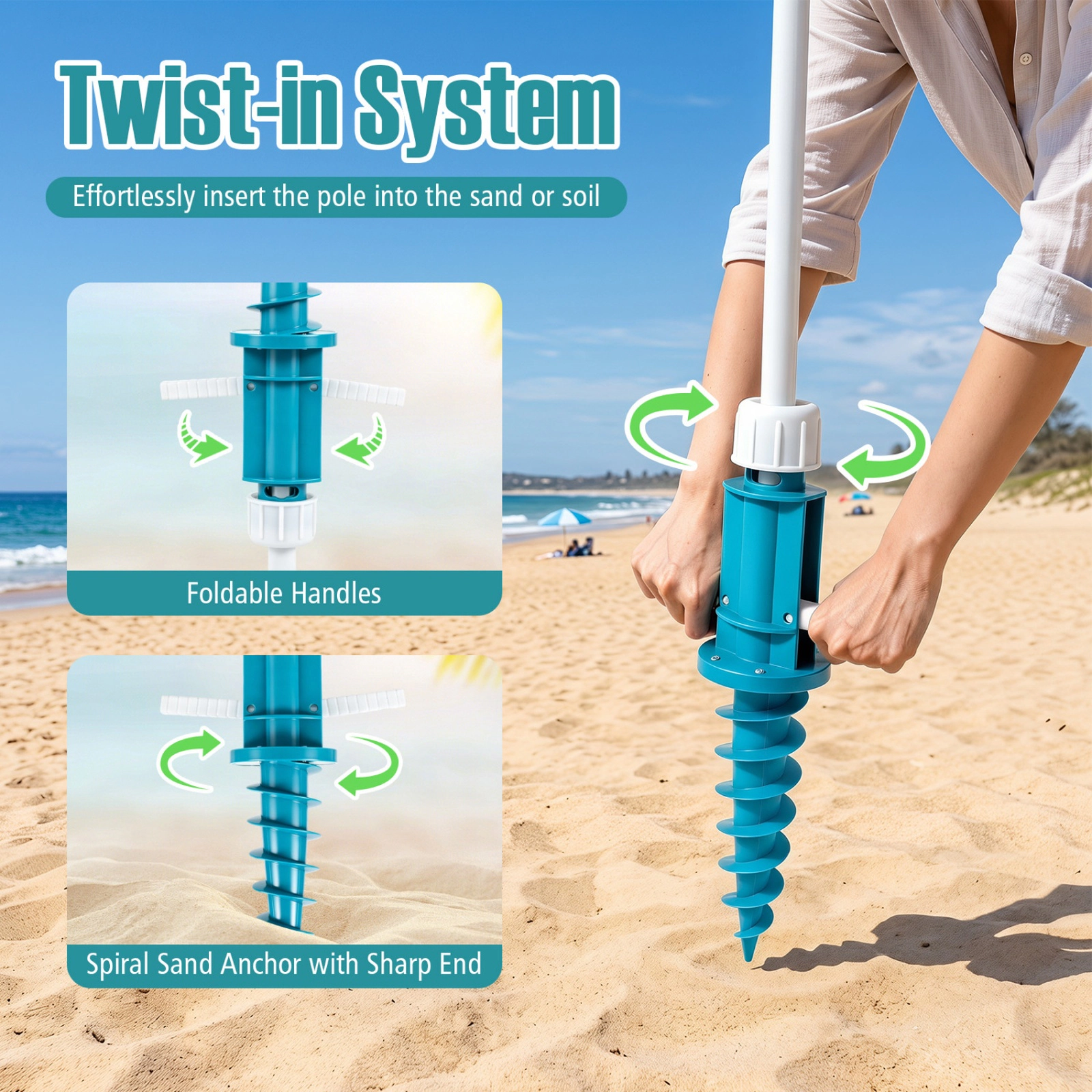 SUGIFT UPF 50+ Beach Umbrella with Sand Anchor and Tilt 6.5-ft Canopy with Cup Holders Turquoise Stripe