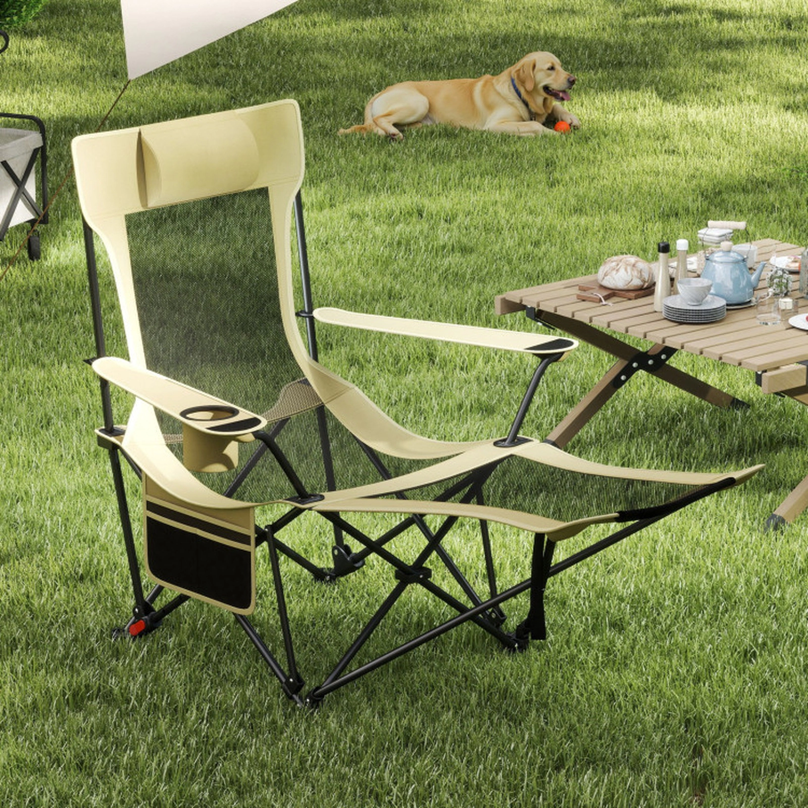 SUGIFT Reclining Camping Chair with Removable Footrest and 4-Position Backrest 330-lb Capacity Gray/Green