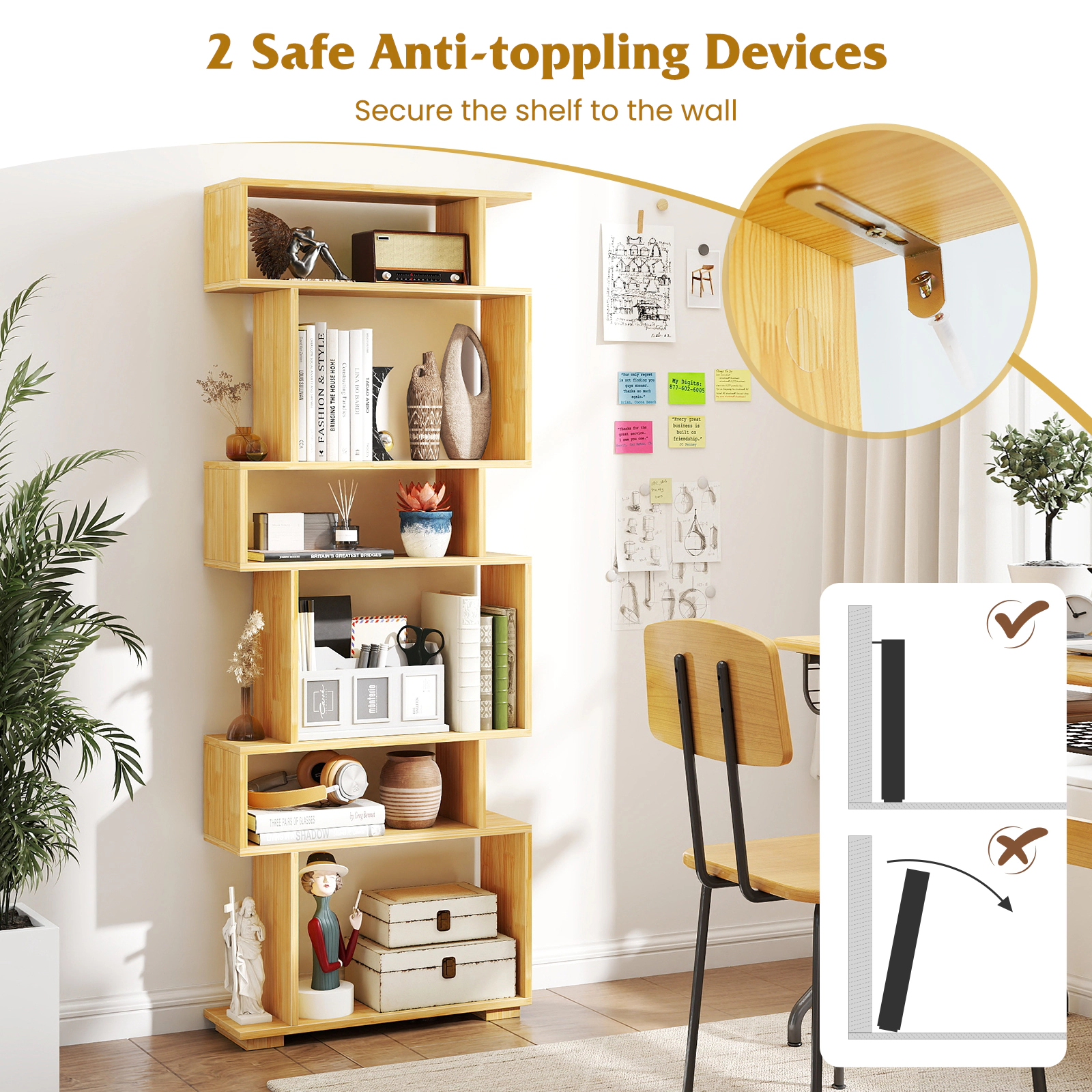 SUGIFT Wood 6-Tier Geometric S-Shaped Bookshelf 64 in with 2 Anti-Tipping Kits