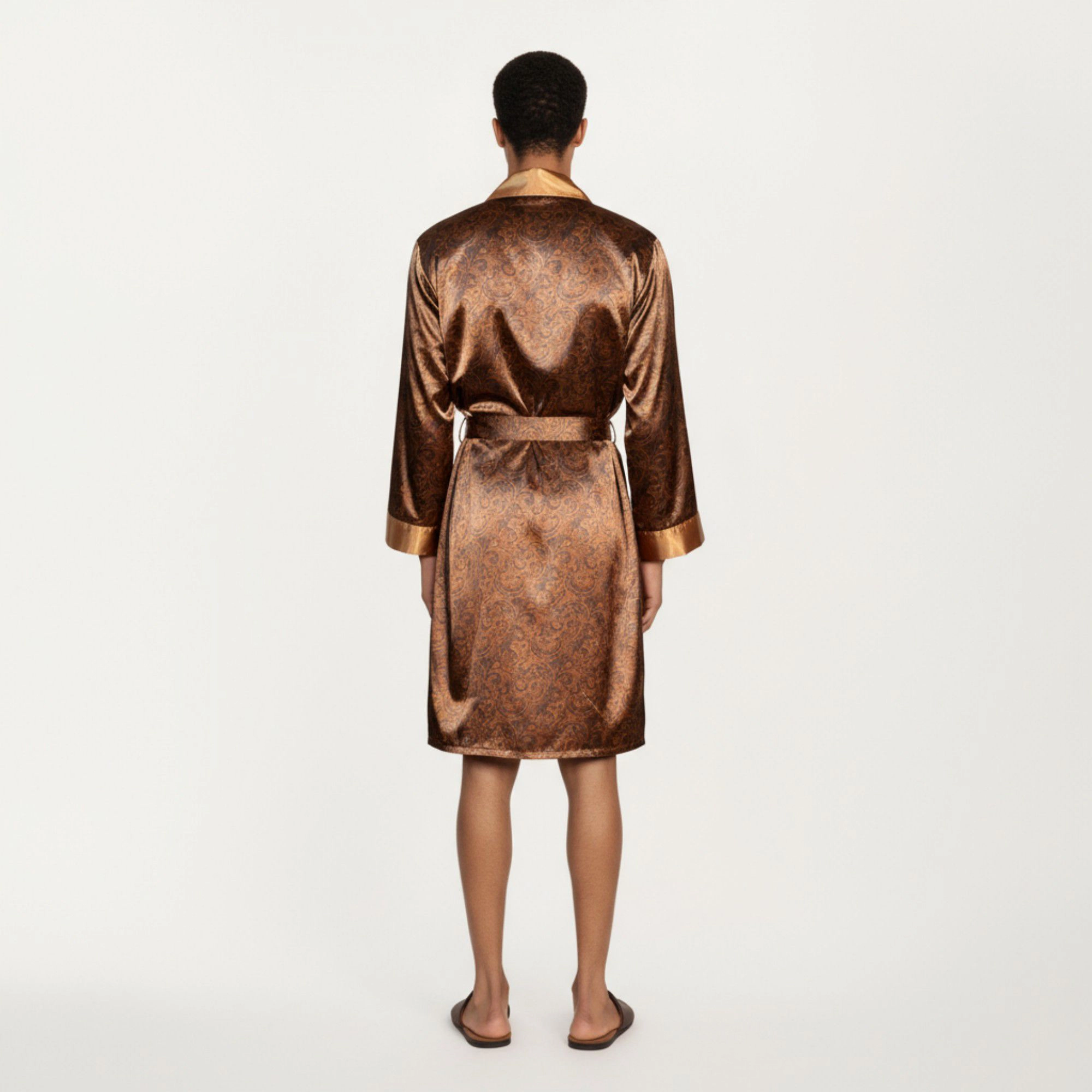 Anna-Kaci Men's Paisley Print Satin Robe with Contrast Shawl Collar and Waist Tie