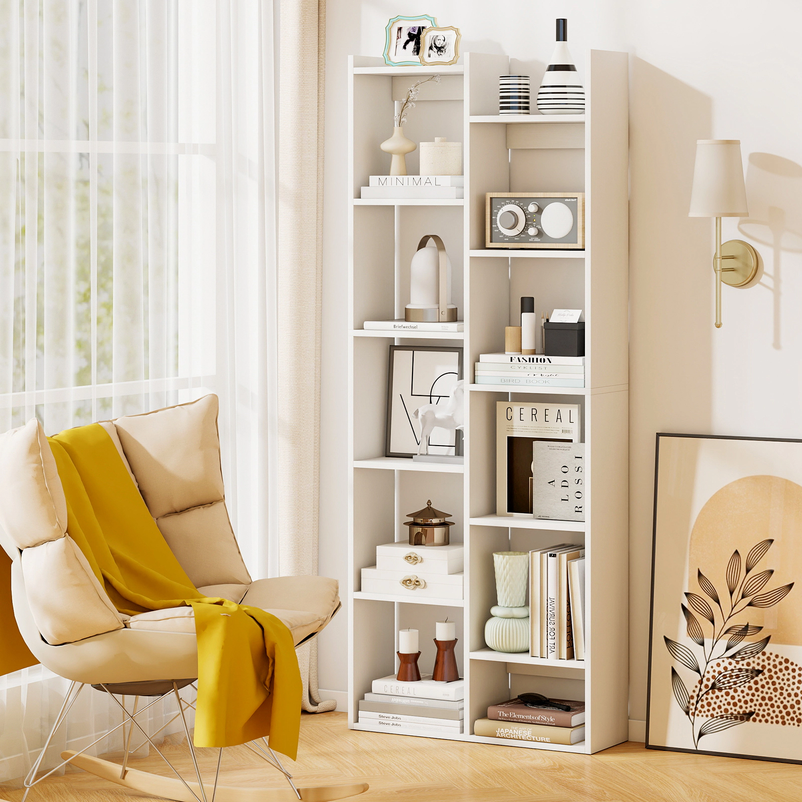 Costway 11-Tier Bookcase w/Anti-Tipping Kits Wood Display Shelf Tree-Shaped Bookshelf White