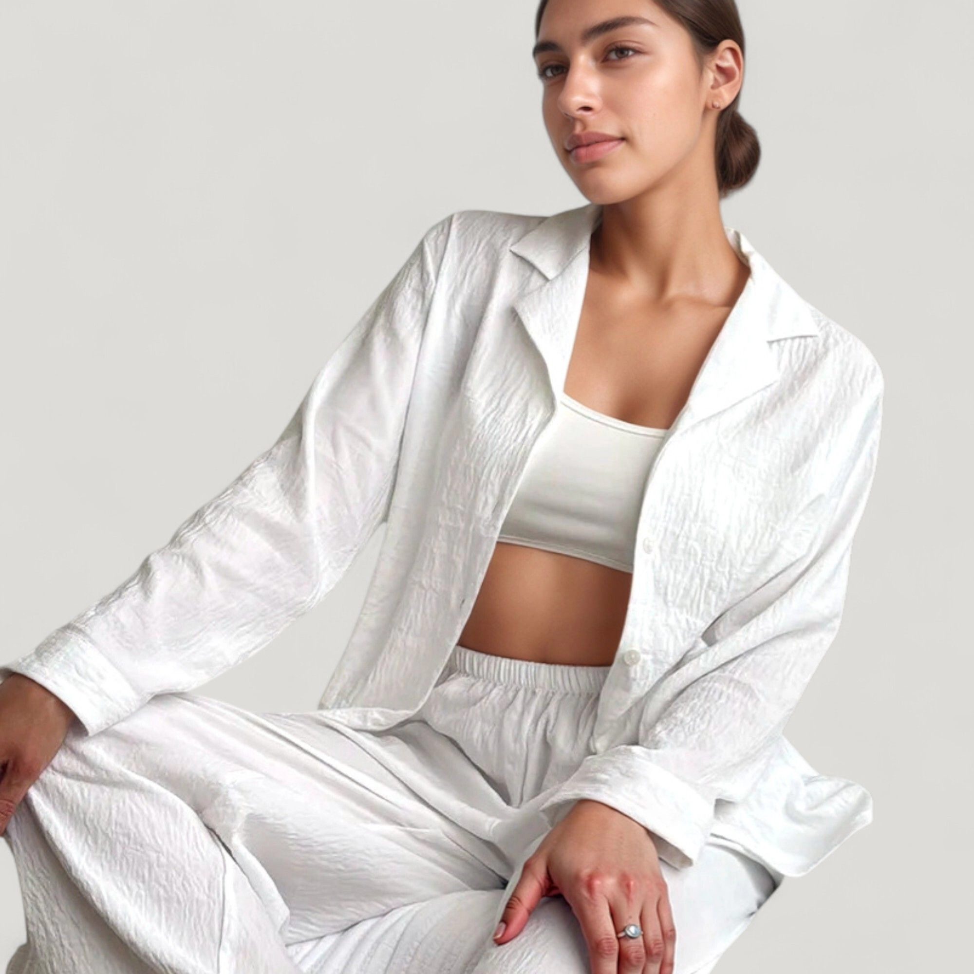 Anna-Kaci Women's Textured Button Down Pajama Set with Relaxed Fit Long Sleeve Shirt and Wide Leg Pants