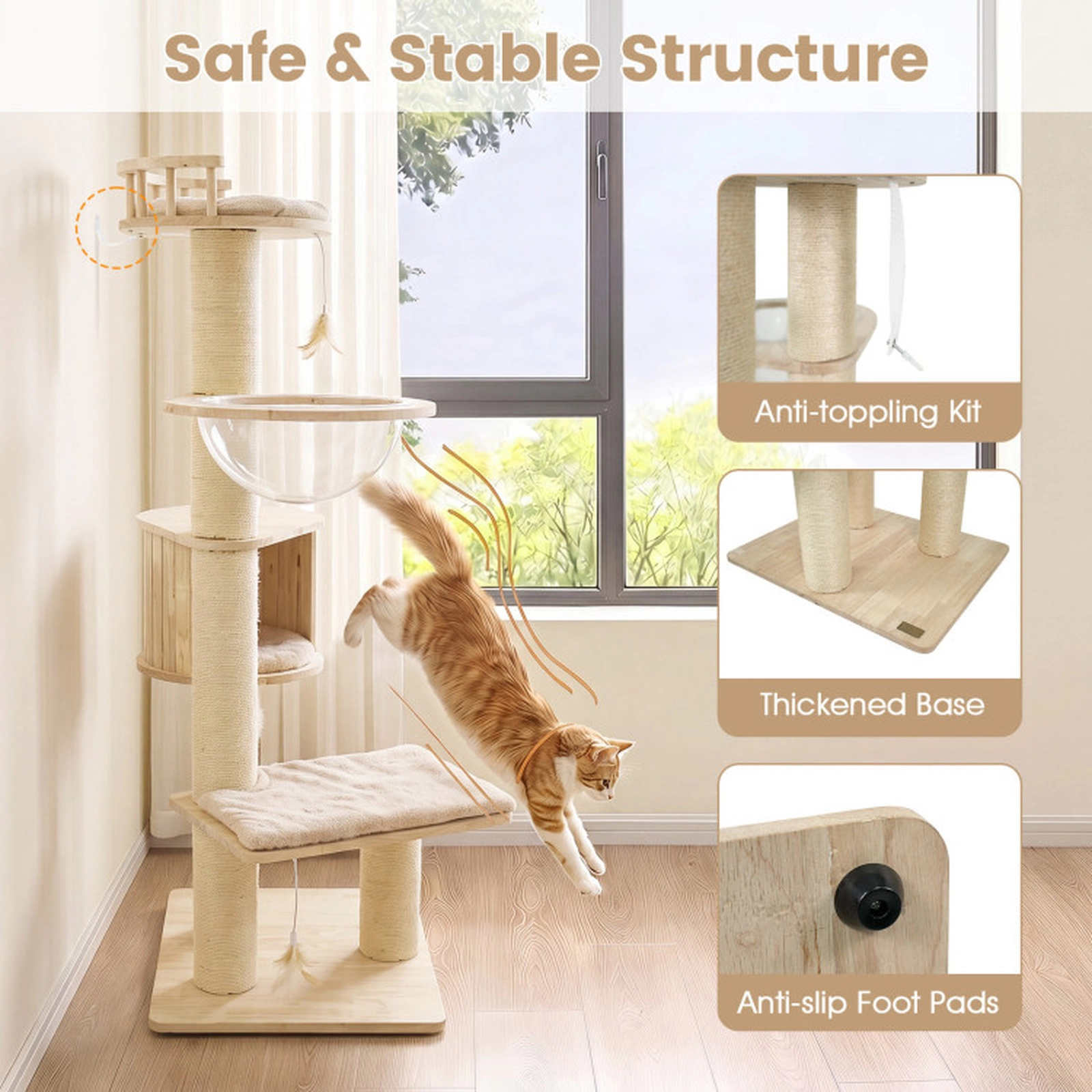 SUGIFT Multi-Level Rubber Wood Cat Tree with Top Perch Condo and 3 Hanging Feather Toys 35-lb Capacity Beige