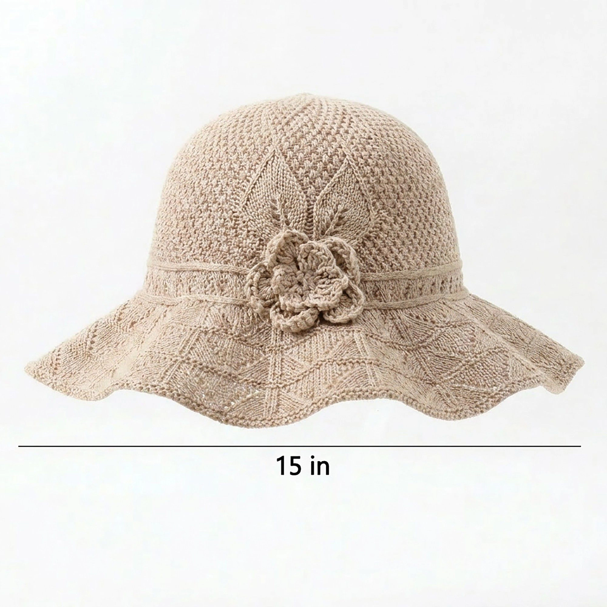 Anna-Kaci Women's Crochet Wide Brim Sun Hat with Floral Accent Scalloped Edge and Chin Strap - MauvePink