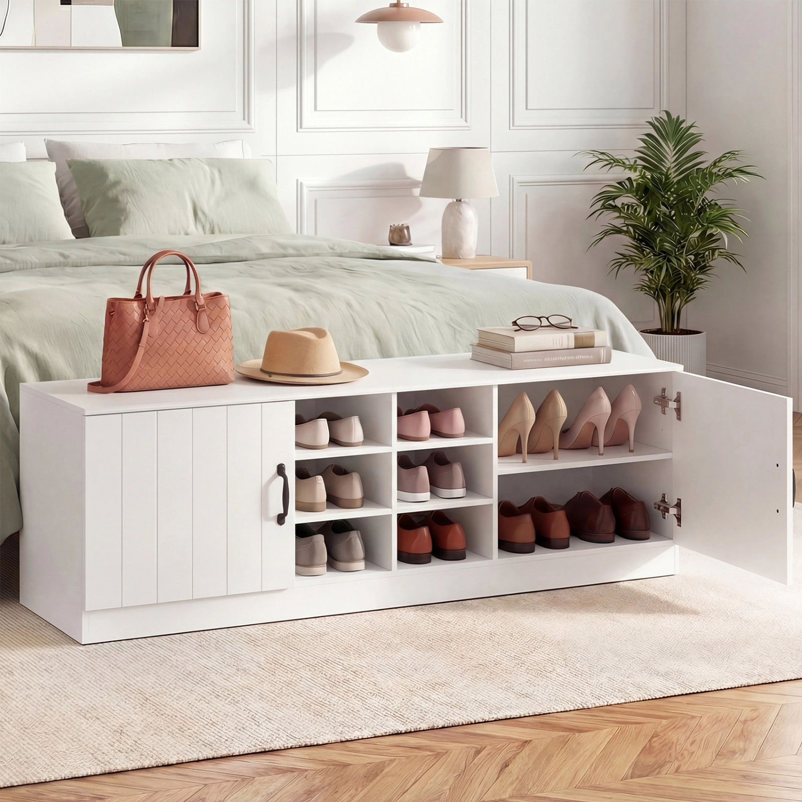 SUGIFT 2-Door Engineered Wood Shoe Bench Storage Cabinet Adjustable Shelves 300-lb Top Capacity 59-in Wide Natural/White