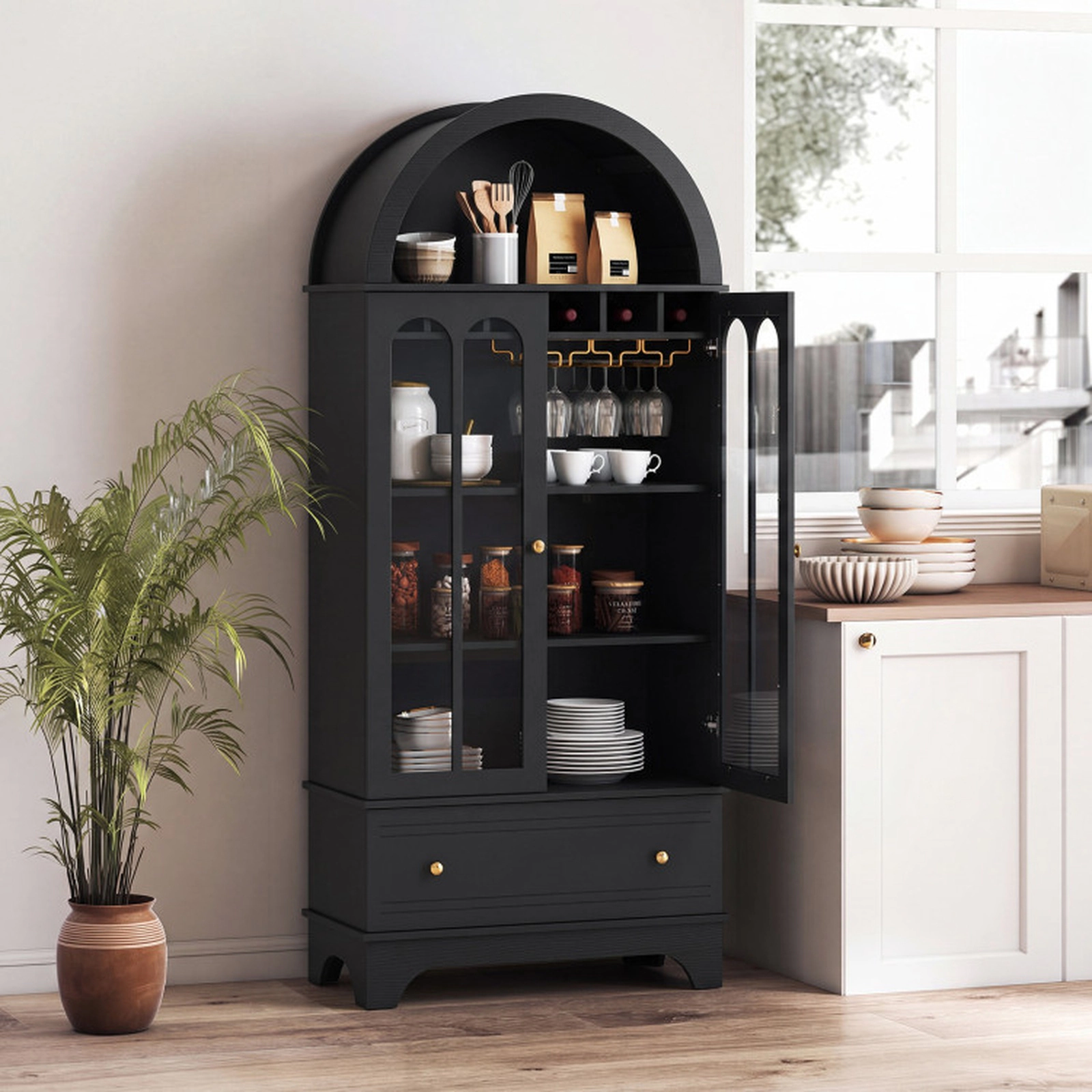 SUGIFT 71.5-in 5-Tier 66-lb Shelf Black Arched Cabinet with Tempered Glass Doors 6-Bottle Wine Rack and Drawer