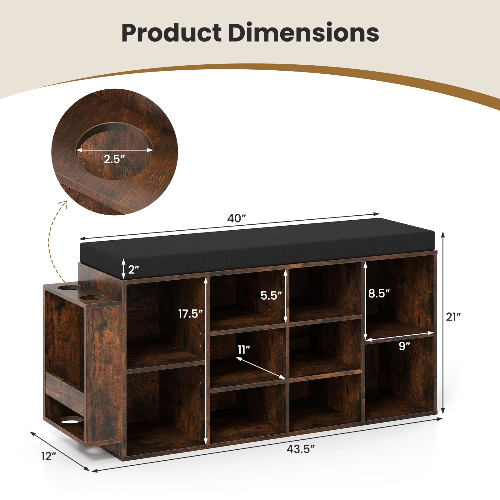 SUGIFT 10-Cubby Shoe Storage Bench with Umbrella Stand 165-lb Seating Capacity Rustic Brown/Black